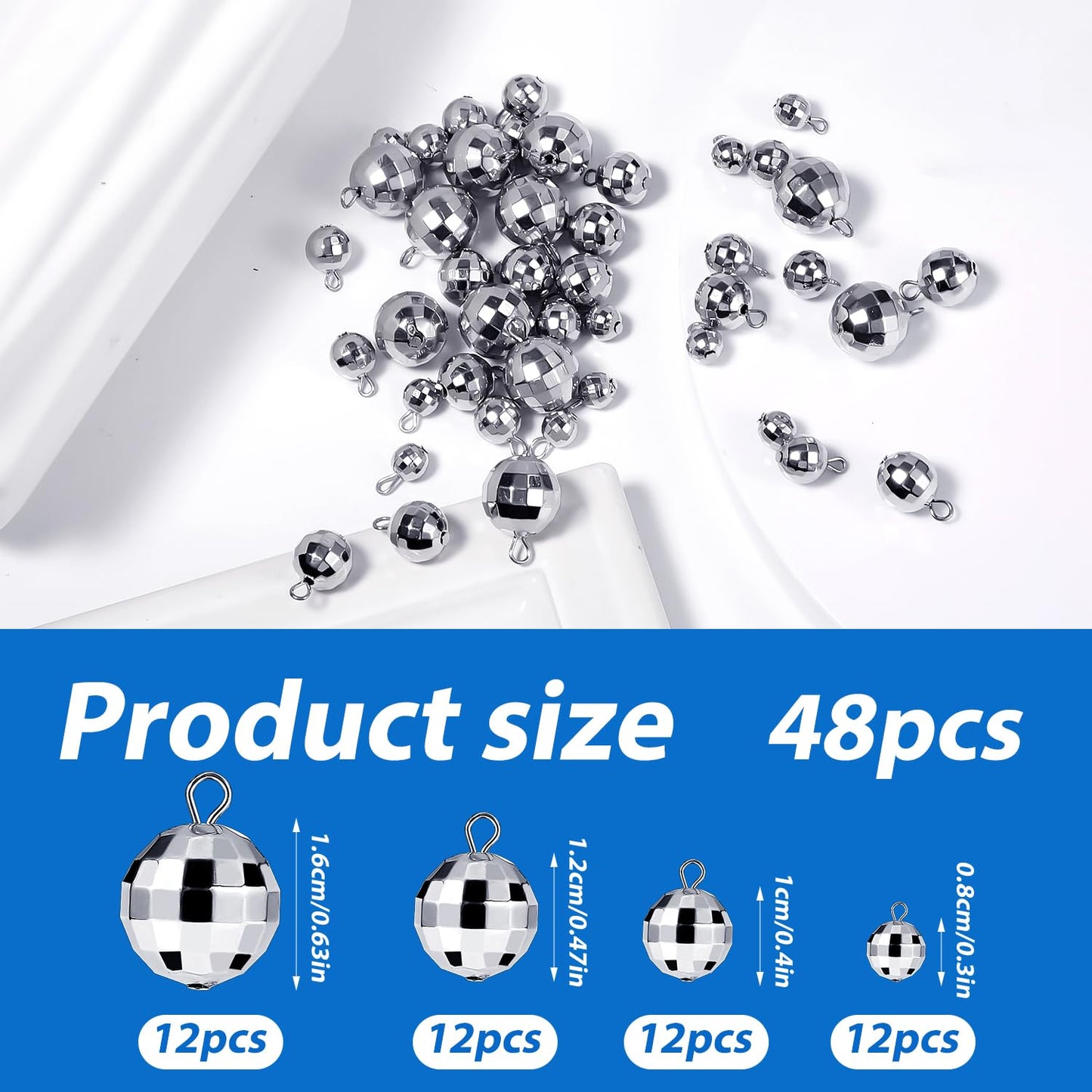 PEUTIER 48pcs Mini Disco Ball Pendants, Silver Alloy Steel Reflective Charms for DIY Crafts and Party Decorations