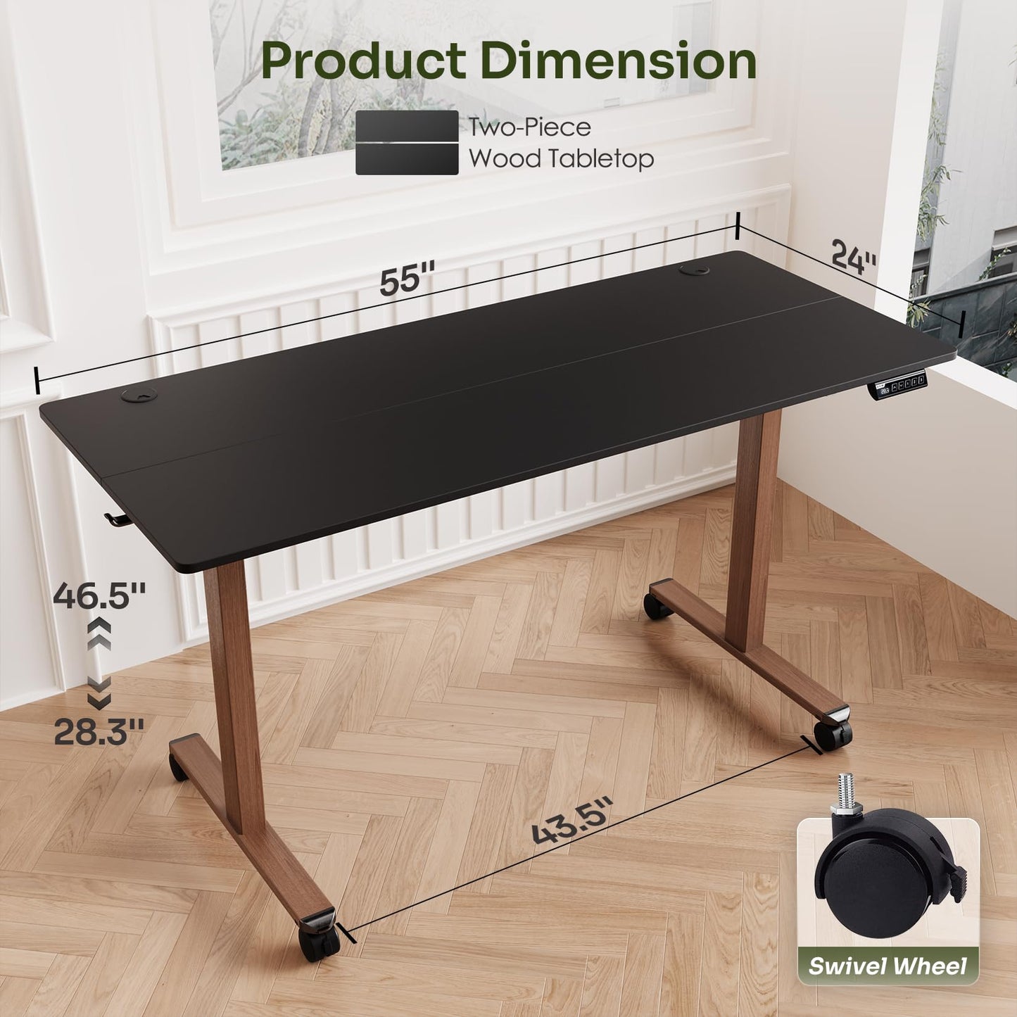 Monomi Electric Standing Desk 55x24 Inches, Height Adjustable Desk with Memory Preset, 4 Locking Casters & Headphone Hook, Anti-Collision, Two-Piece Ergonomic Computer Desk for Home Office, Black