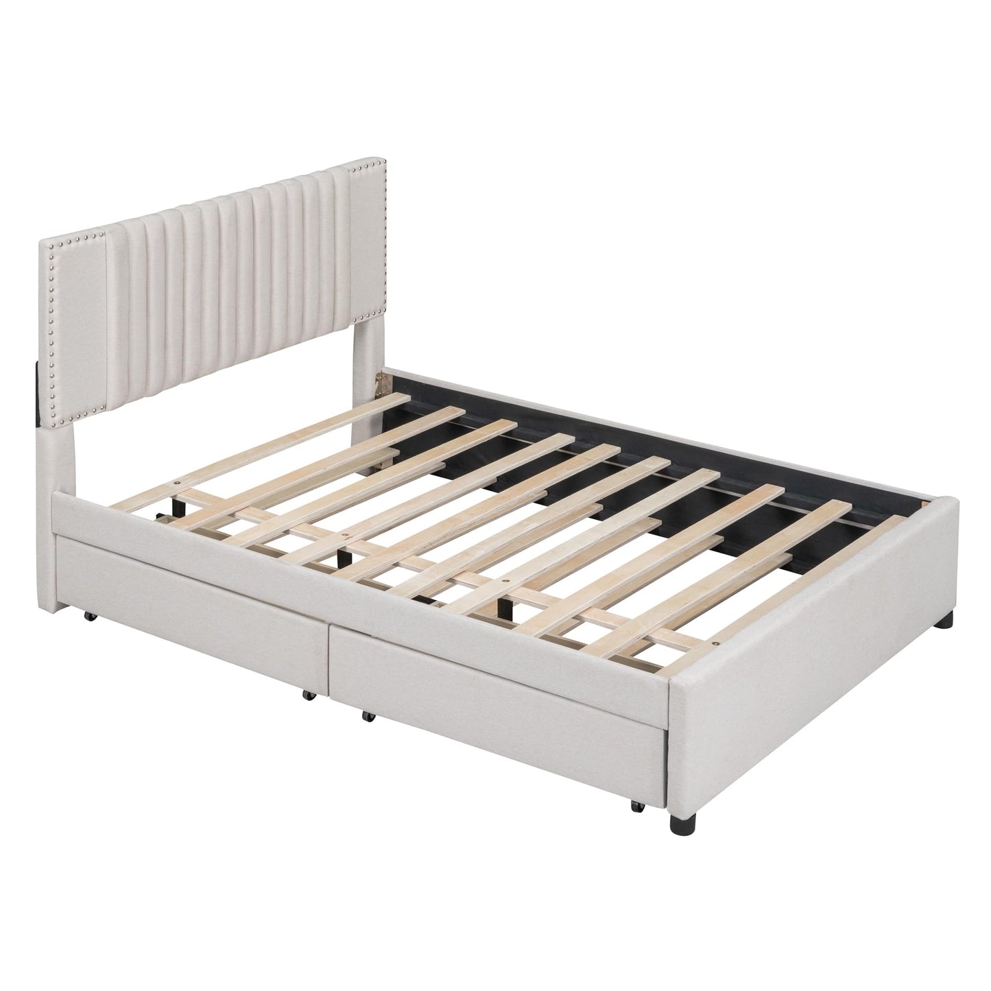 DNYN Full Size Upholstered Platform Bed with Trundle(Twin) & 2 Drawers for Kids Bedroom,Wooden Linen Fabric Bedframe w/Storage & Classic Heardboard,No Box Spring Needed, Beige