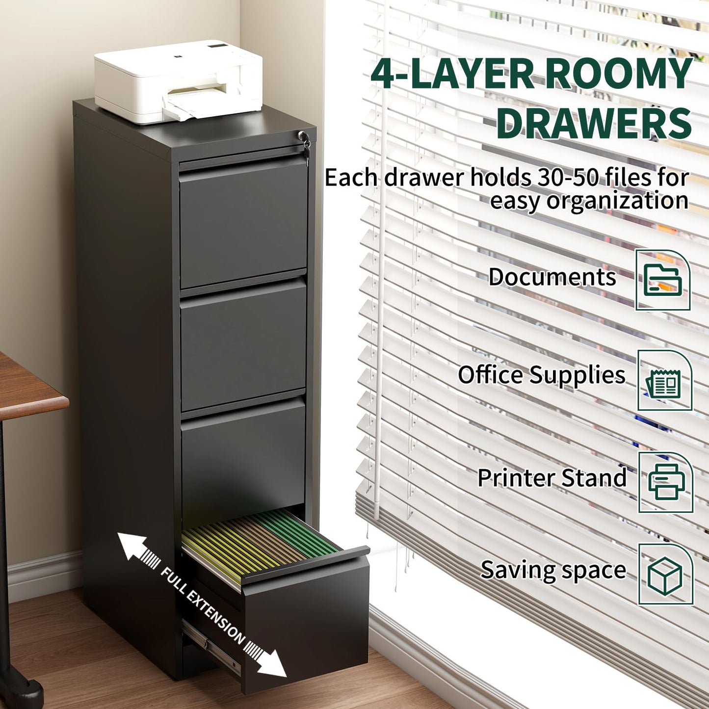 4 Drawer File Cabinet with Lock, Metal Vertical File Cabinets for Home Office, Office Furniture for Organization Hanging Legal/Letter/A4, Office File Cabinet Storage Cabinet, Require Assembly, Black