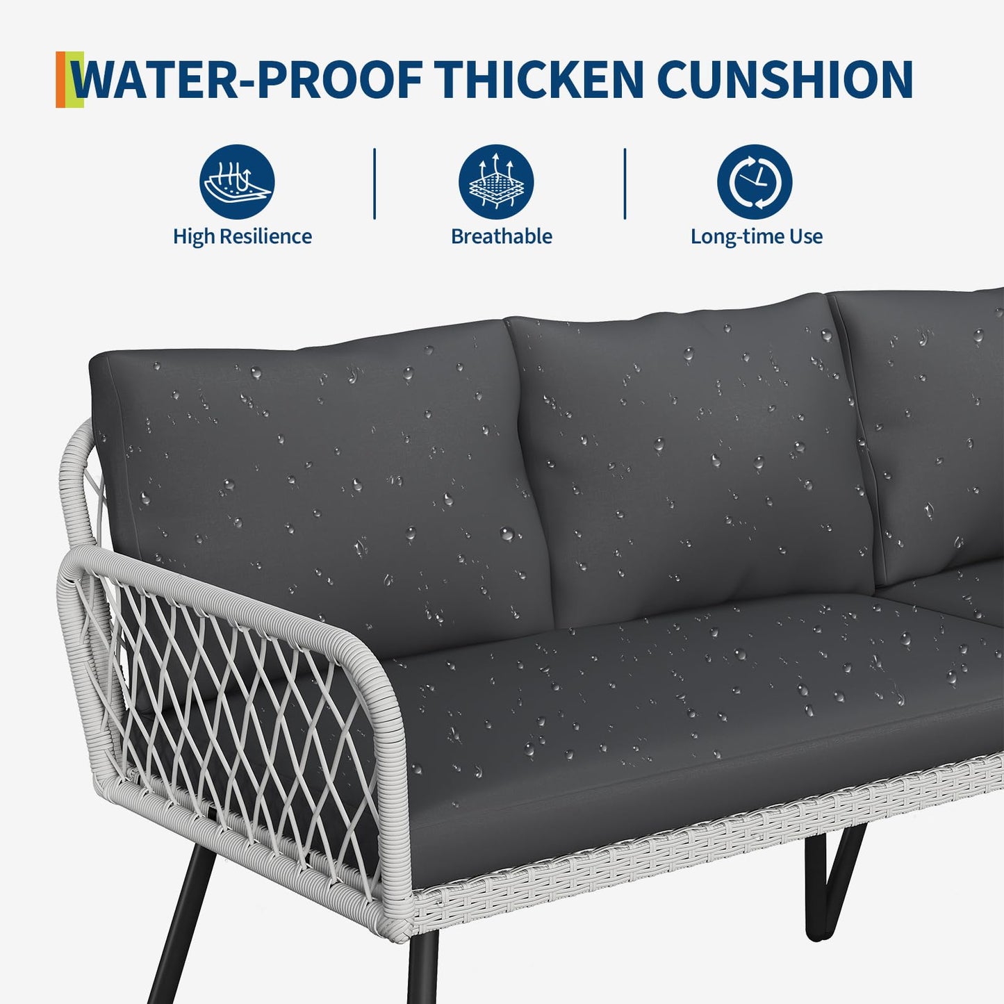 Garvee 4 Piece Patio Furniture Set, Outdoor Wicker Sectional Sofa with 2 Chairs, loveseat & Glass Top Coffee Table, 5mm Cushions inckuded L-Shaped Couch Set for Yard Garden Porch Poolside Sunroom