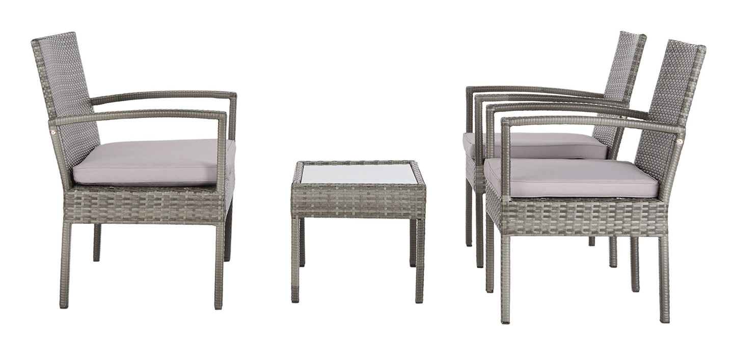 SAFAVIEH Outdoor - Bassey 4-Piece Conversation Set - Grey & Grey - Steel Frame with Cushion - Tropical Resort Woven Design with Glass Top Table - Ideal for Patio, Deck, Porch, Backyard (PAT7507B)