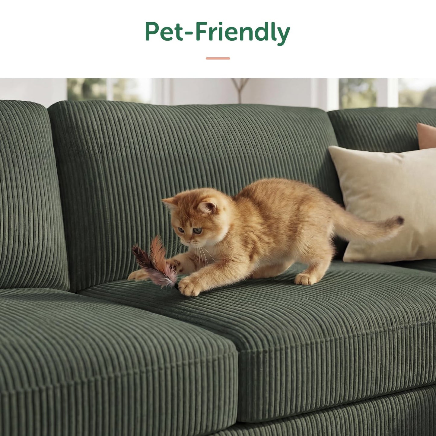 HONBAY Corduroy Sectional Sofa with Storage L-Shaped Sectional Couches for Living Room 6 Seater Sectional Sofa, Green