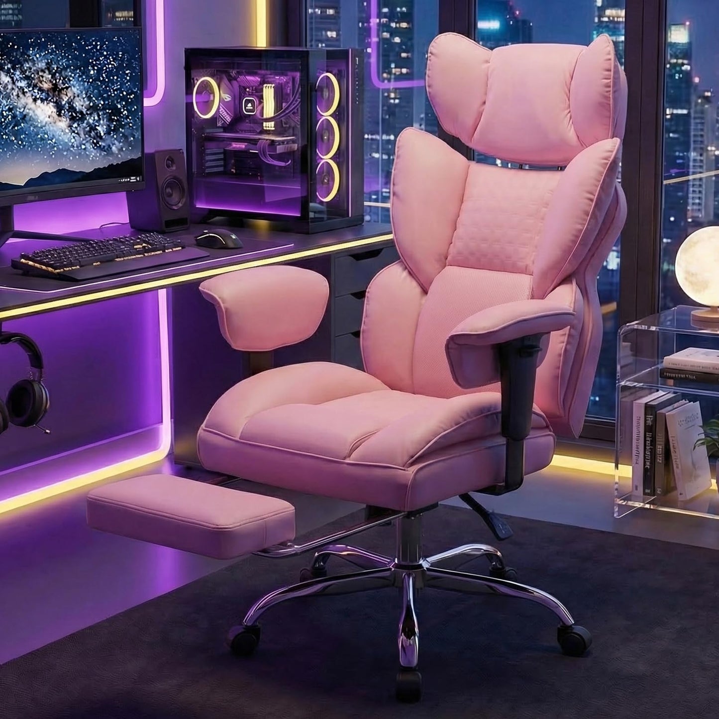 DUMOS Big and Tall Home Office Desk Chair, Gaming Computer Chair, Executive Ergonomic Chair with Footrest, High Back Reclining, Adjustable Armrests and Comfy Lumbar Support, PU Leather, Pink