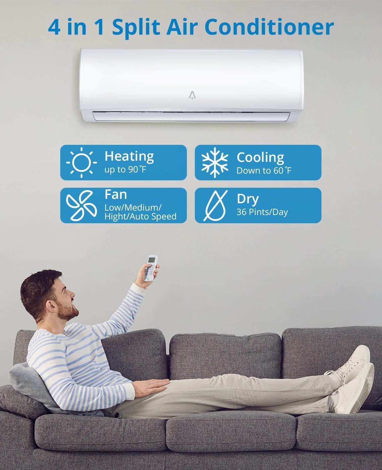 Mini Split Air Conditioners, 9,000 BTU AC Heating System, Heat Pump Ductless Mini Split AC Unit for Bedroom, Quiet Room Air Conditioner with Efficient Cooling Heating for Rooms Up to 450 Sq.ft