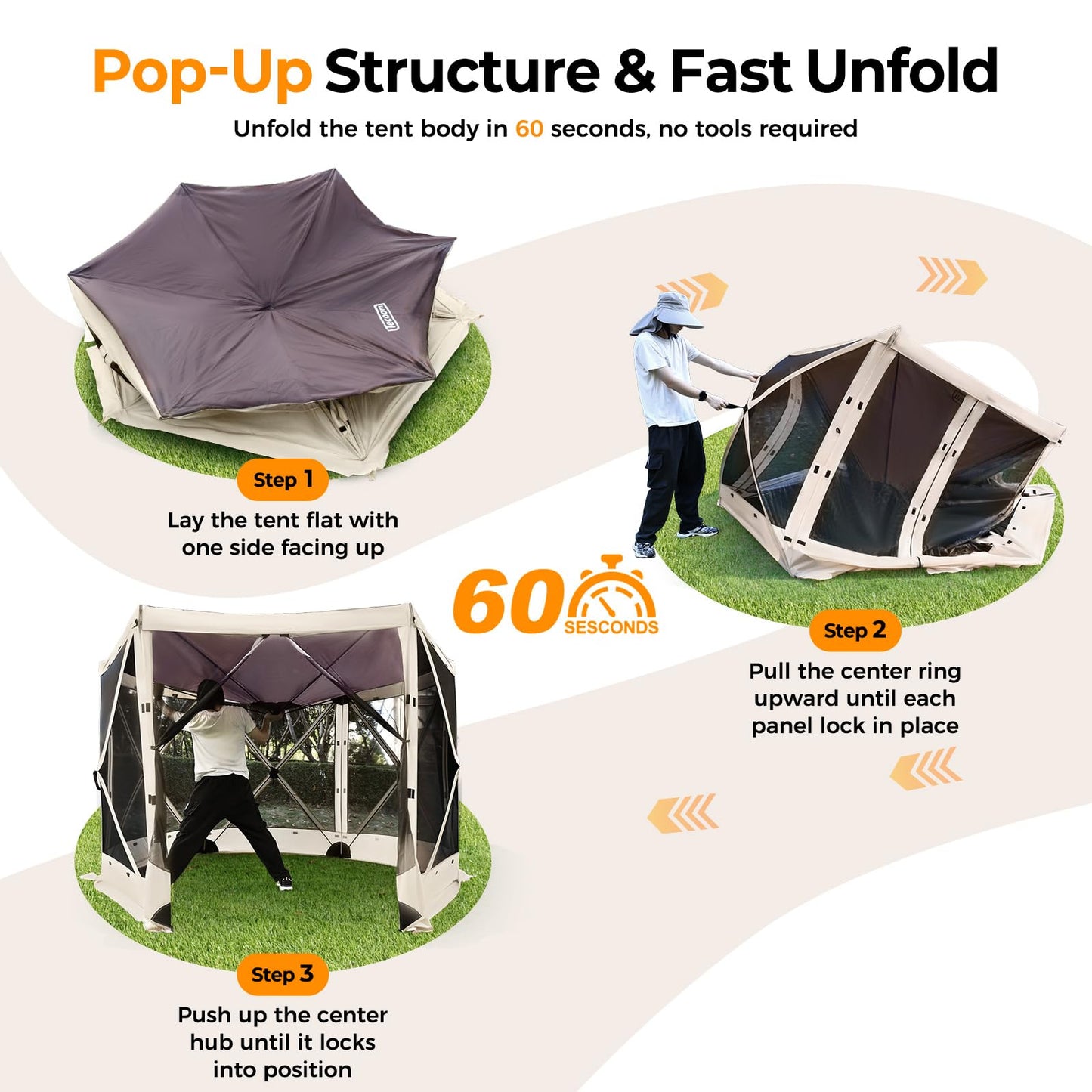 Tecoom 10x10ft 6-Side Pop Up Gazebo Tent, Waterproof Instant Screen with Mosquito Netting, Portable Outdoor Canopy with 4 Removable Wind Cloths, Sun Shelter for Camping, Garden and Picnics, Khaki