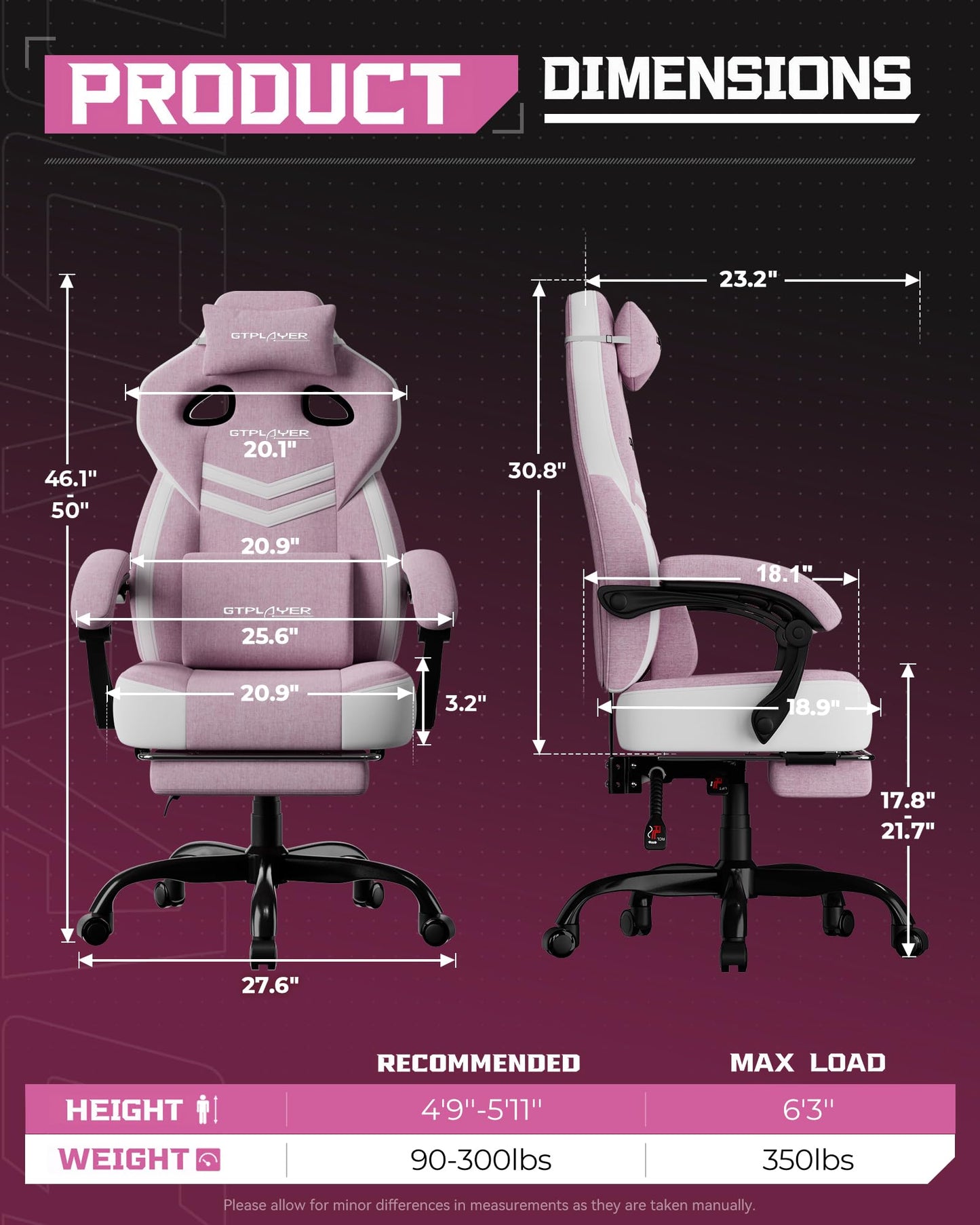 GTPLAYER Gaming Chair, Computer Chair with Footrest and Lumbar Support for Adults, 360°-Swivel Big & Tall Reclining Seat for Office or Gaming (Pink)