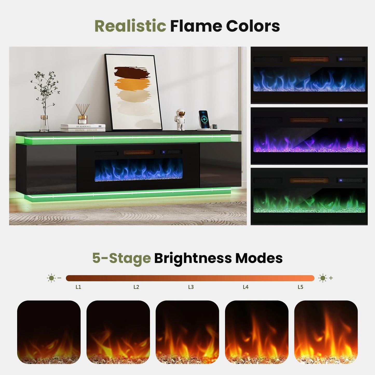 Lamtor Fireplace TV-Stand with 40" Fireplace - 2 LED Light TV-Stand for 85 inch TVs - Entertainment Center with 4 AC Power Outlets - 2 Tier TV Consoles Stand for Living Room, Black