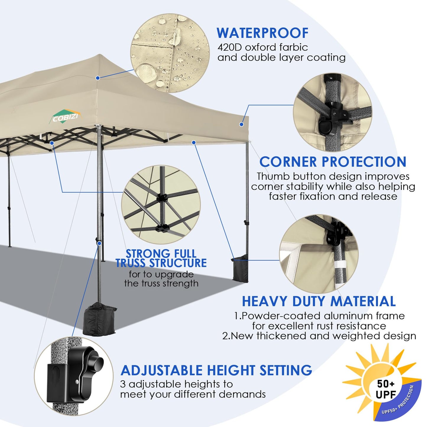 COBIZI 10x30 Pop up Canopy with 8 Removeable Sidewalls, Heavy Duty Party Tents for Parties, Events and Weddings, UPF 50+ Waterproof Commercial Tent with Roller Bag, Khaki (Windproof Upgraded)