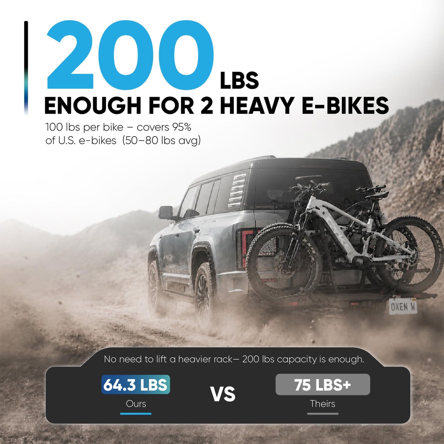 CYKE Oxen W Ebike Rack Hitch for 2 Electric Bikes – 200 lbs Heavy Duty, No-Lift Slide-Out Ramp, Fat Tire up to 5", Anti-Wobble, Foldable, Built-in License Plate Holder, 2" Receiver Car/SUV/Truck/RV