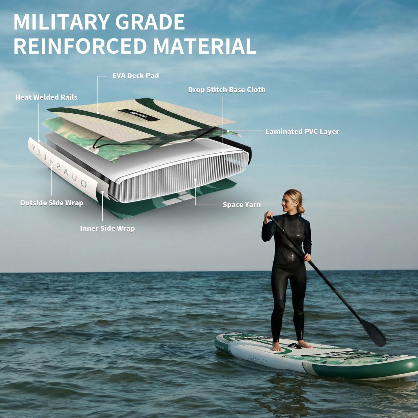 Quashley Inflatable Stand Up Paddle Board with Premium SUP Accessories,Stable Wide Design with Non-Slip EVA Deck for All Skill Levels,Ultra Stable All Around Paddleboard