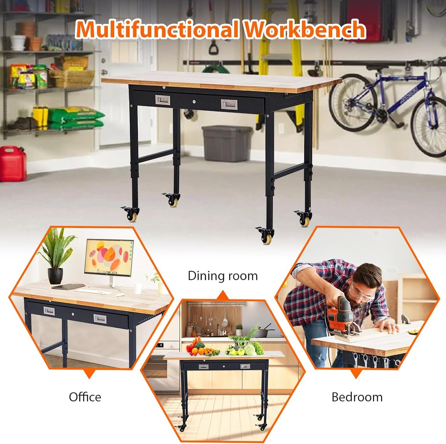 Workbench 60" x 22" Adjustable Height Worktable, Heavy Duty Rubber Wood Top, 2000 LBS Load Capacity, Tool Storage Workstation with Drawer, Pegboard, Power Outlets & Lockable Wheels