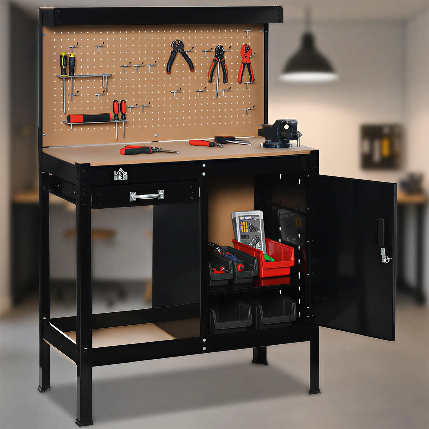 HOMCOM Multipurpose Workbench, Workshop Tool Table with Storage Cabinet with Lock and Keys, Slide Drawer, Peg Board