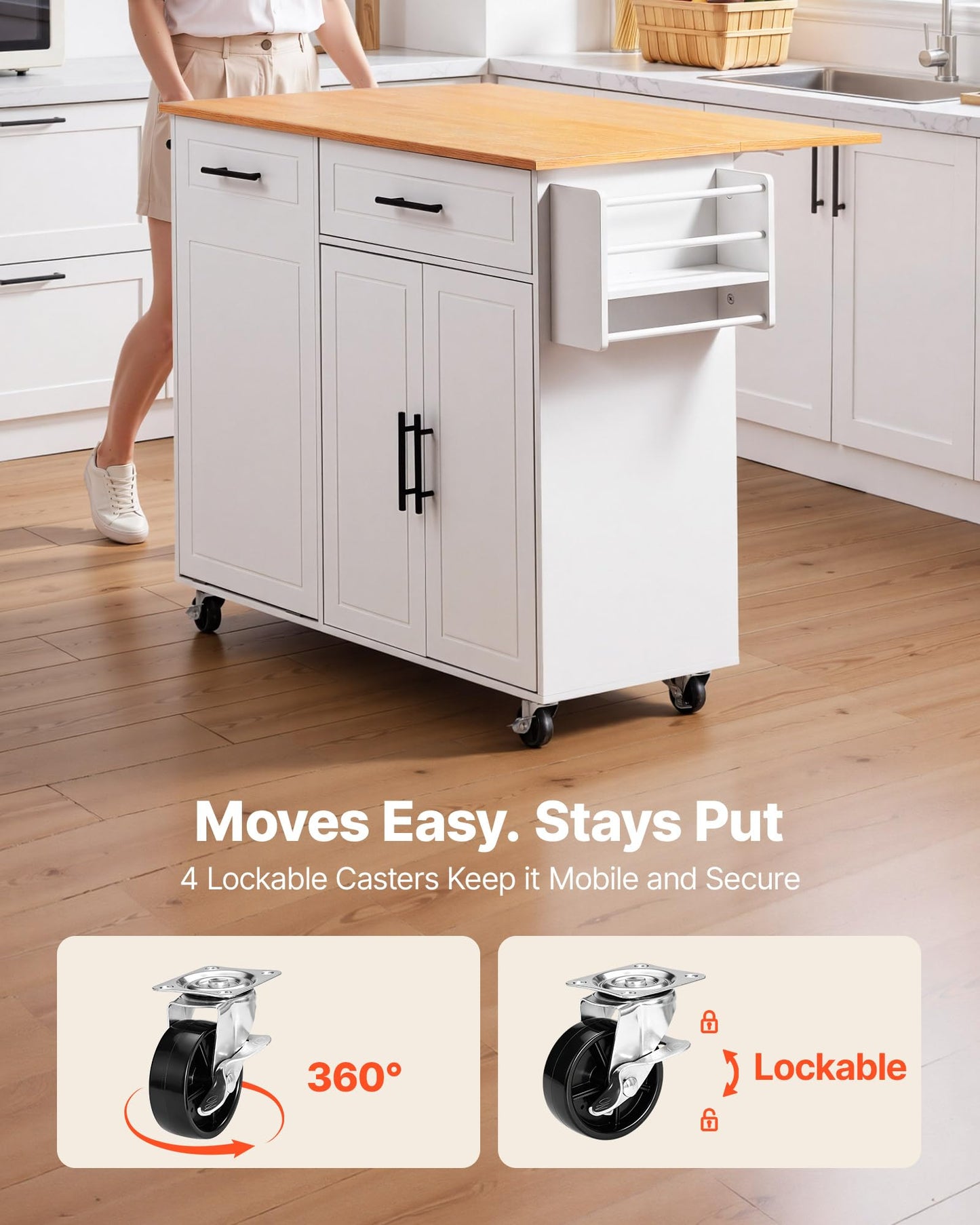 VEVOR Kitchen Island Cart with Storage, 46.06 in Wide Mobile Rolling Storage Island on Swivel Wheels, with Drawer, Storage Cabinet, Drop Leaf, Spice/Towel Rack, Table for Home Dining Room, White