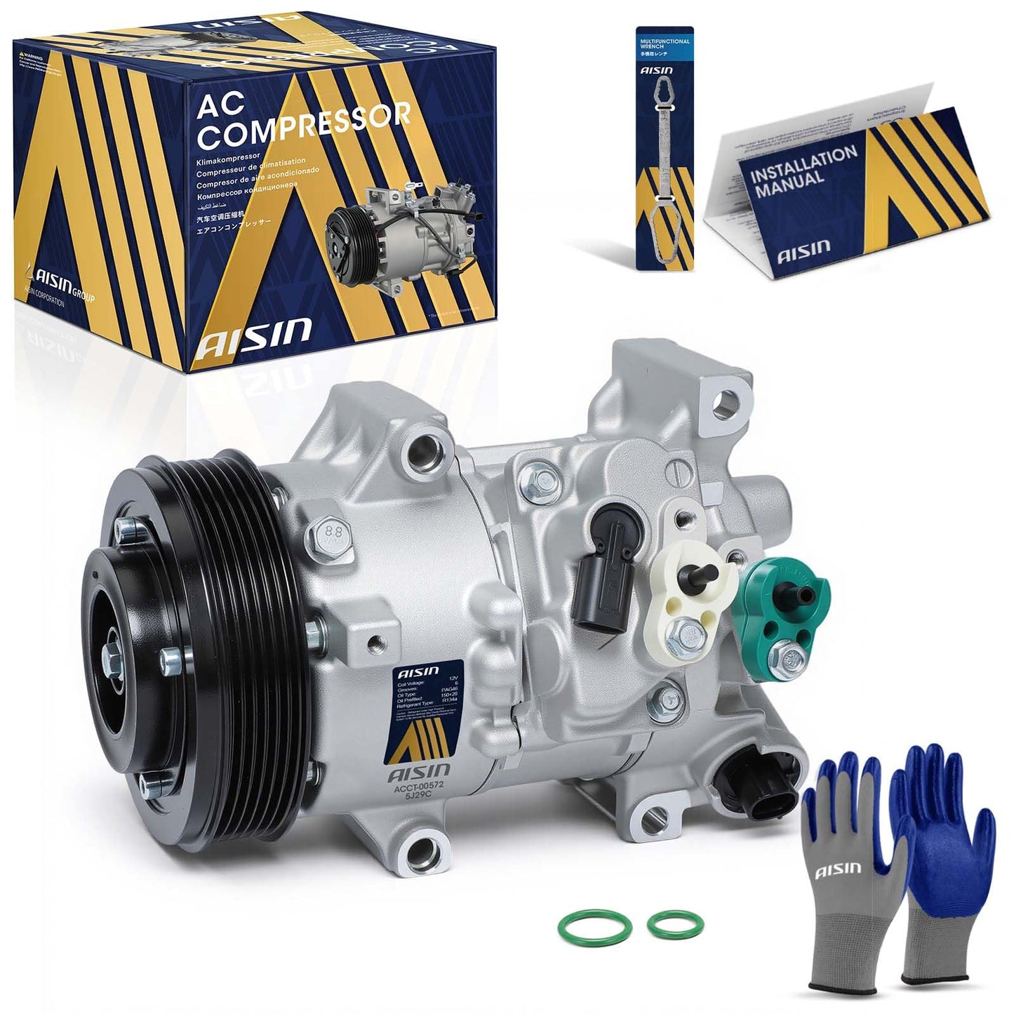 AISIN AFTERMARKET ACCT-00572 Air Conditioner AC Compressor - Compatible with Toyota Corolla 2011-2013, Matrix 2013 1.8L - with 6-Pulley Groove, with Clutch