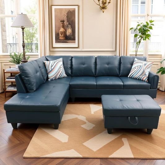 Trygoal 97" L Shaped Couch Sectional Couches with Chaise and Storage Ottoman, 3 Pieces Modular Convertible Sofa for Living Room Furniture Sets and Small Apartment Faux Leather, Grey Blue