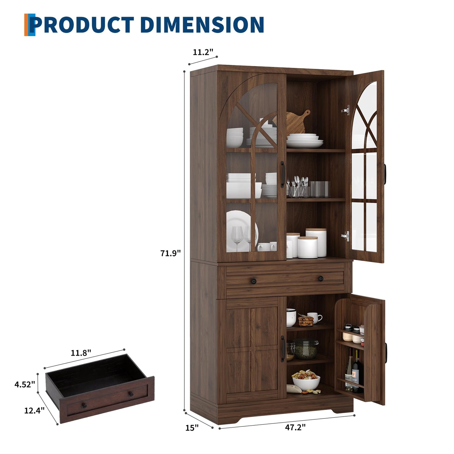 Garvee Farmhouse Pantry Cabinet, 71.9" Tall Freestanding Kitchen Cabinet with Tempered Glass Doors& Anti-Tip Design for Kitchen, Dining Room & Living Room,Retro Brown