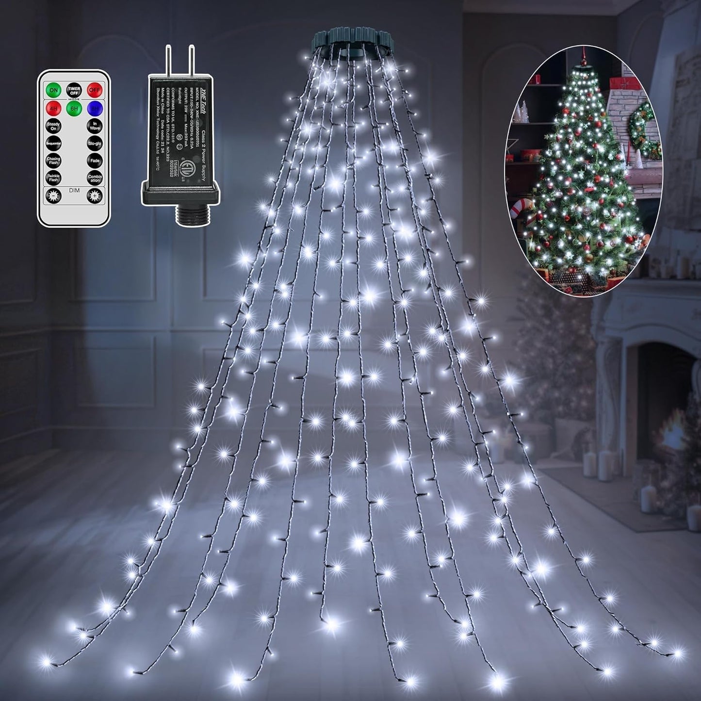 Ccinny Christmas Tree Lights, 300 LED, 8 Modes, Timer & Memory Function, Waterproof, White, Model NYB0300J