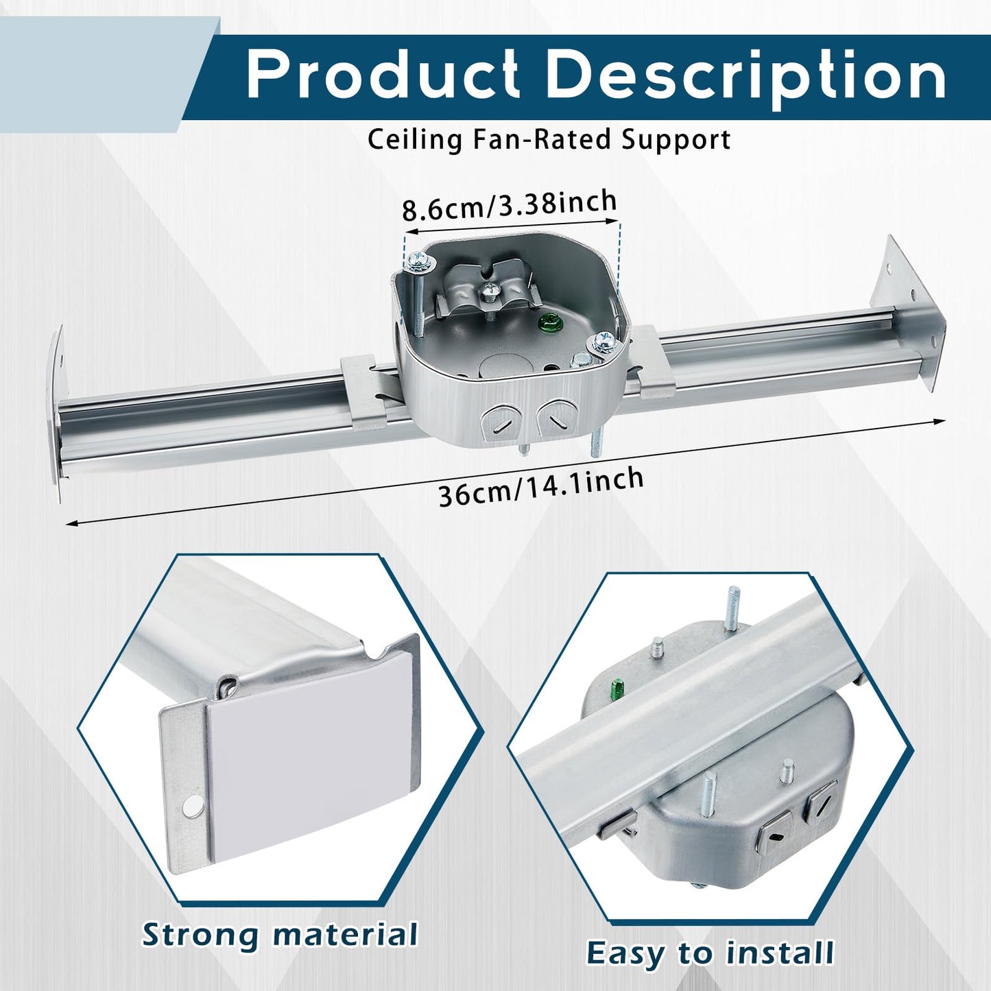 Therwen Adjustable Fan Electrical Box Brace, 14.2 Inches, Model GFA-Therwen-2308, for Ceiling Fans & Light Fixtures