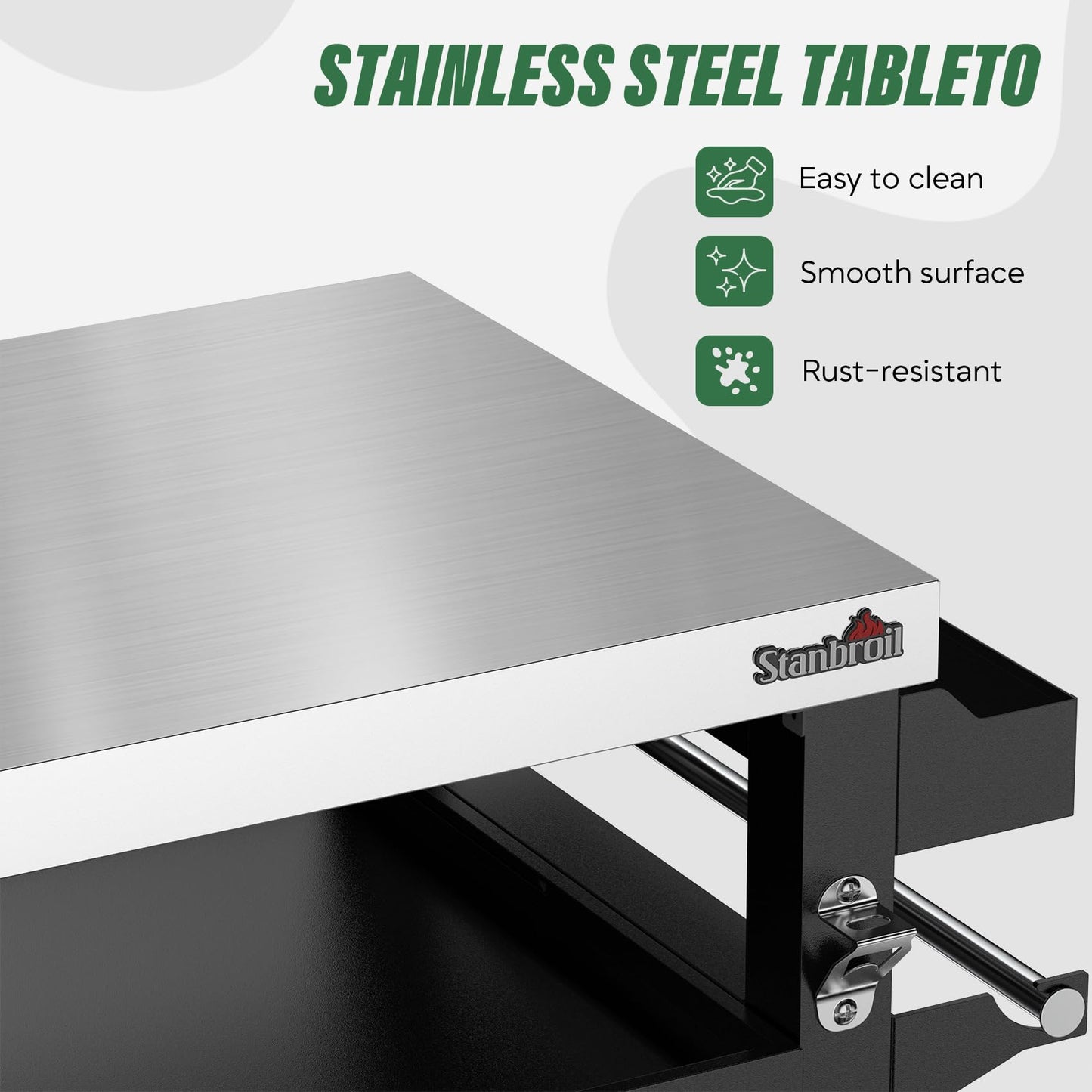 Stanbroil Rolling Grill Table Cart with Storage Cabinet, 3-Shelf Movable Prep Table Outdoor Bar, Multifunctional Grill Cart with Stainless Steel Tabletop, Paper Towel Holder