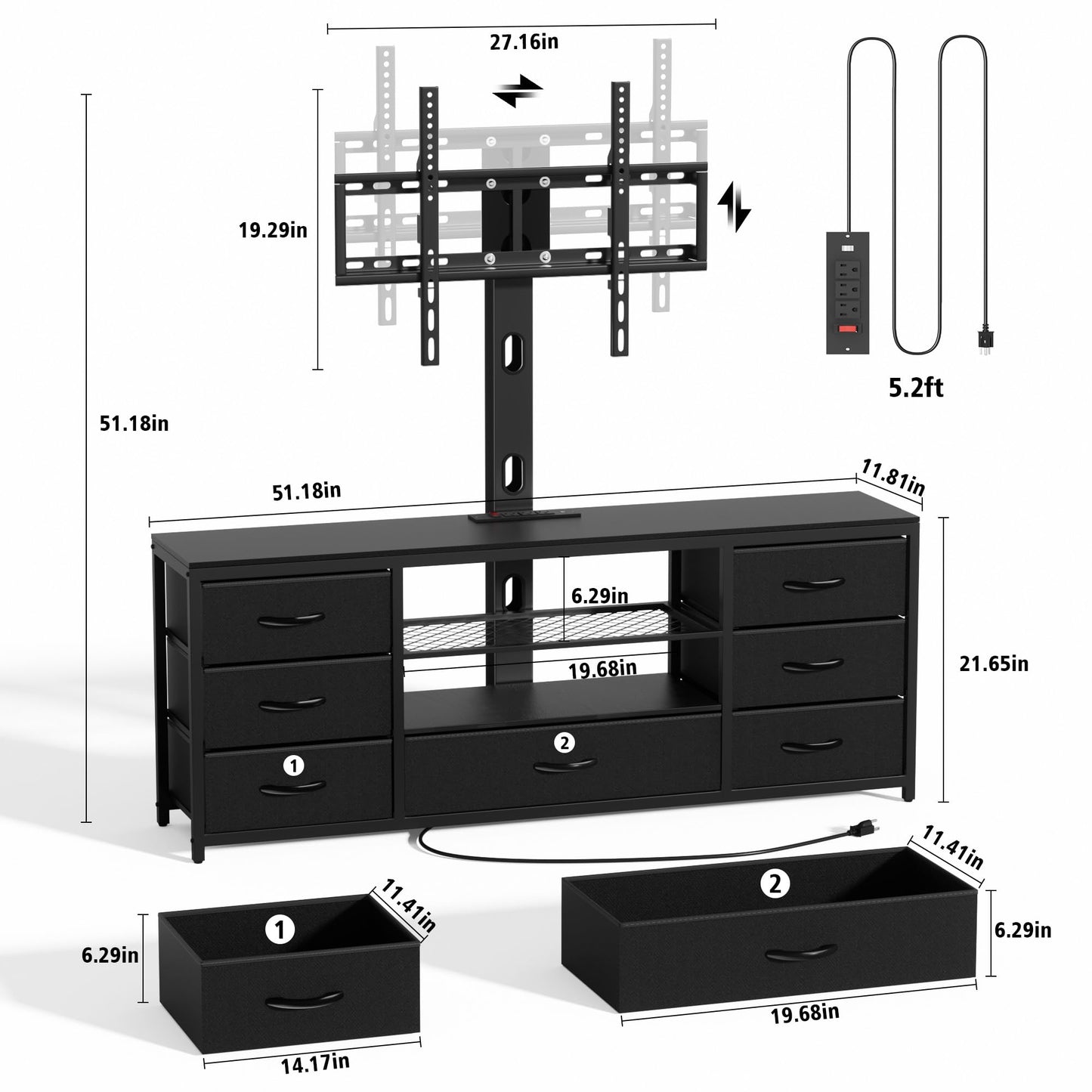 TV Stand with Mount and 7 Fabric Drawers, Led Entertainment Center with Power Outlets for 32 45 55 60 65 70 inch TVs, Black Dresser with Open Shelves, Media Console Cabinet for Living Room Bedroom