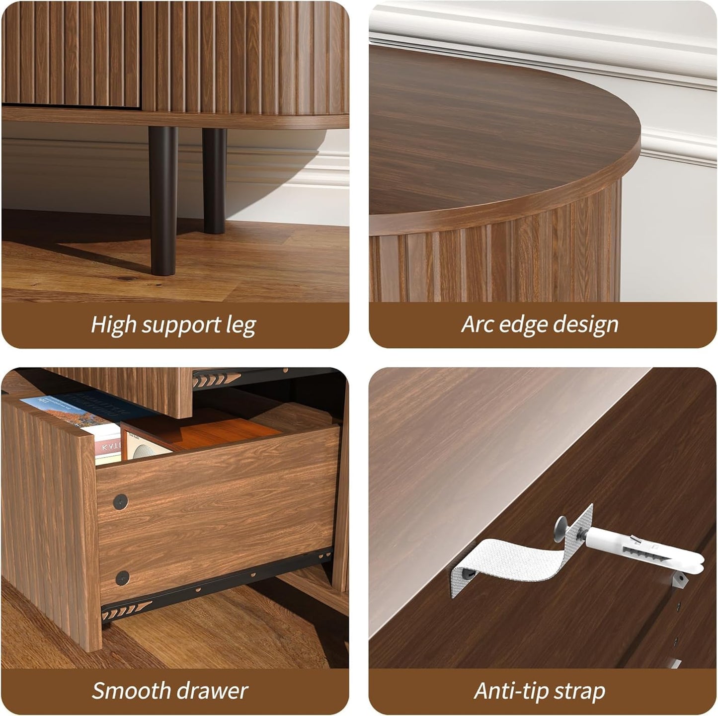 BVIUNTWO 63" Wide Fluted 6 Drawer Dresser for Bedroom, Modern Wood Chest of Drawers with Metal Handles, Curved Edge Design, Large Storage Credenza Cabinet for Living Room, Hallway, Brown