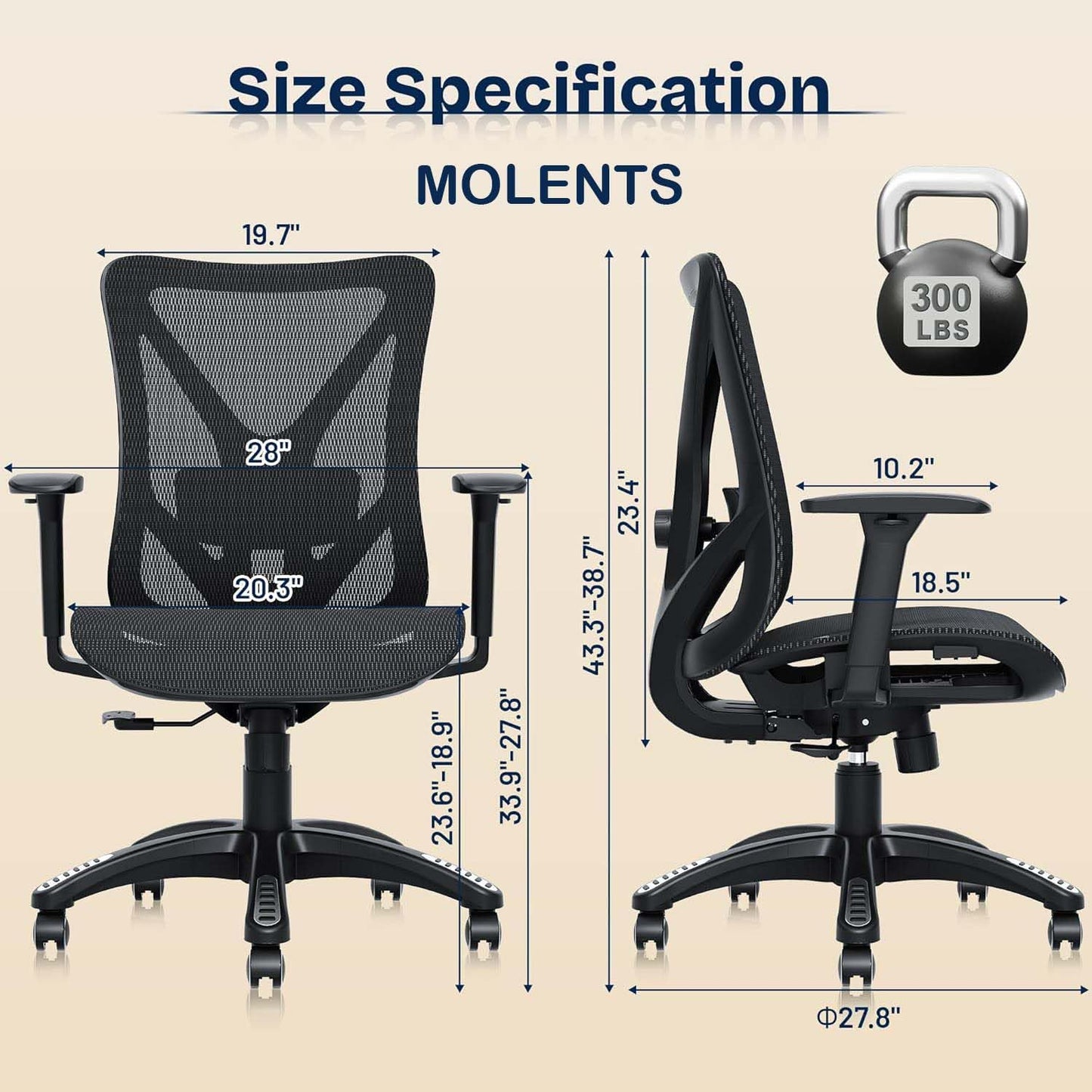 MOLENTS Ergonomic Office Chair, Mesh Computer Desk Chairs with Adjustable Lumbar Support, 3D Armrests, Tilt Function, Comfy Wide Seat, Swivel Executive Work Task Chair for Company and Home