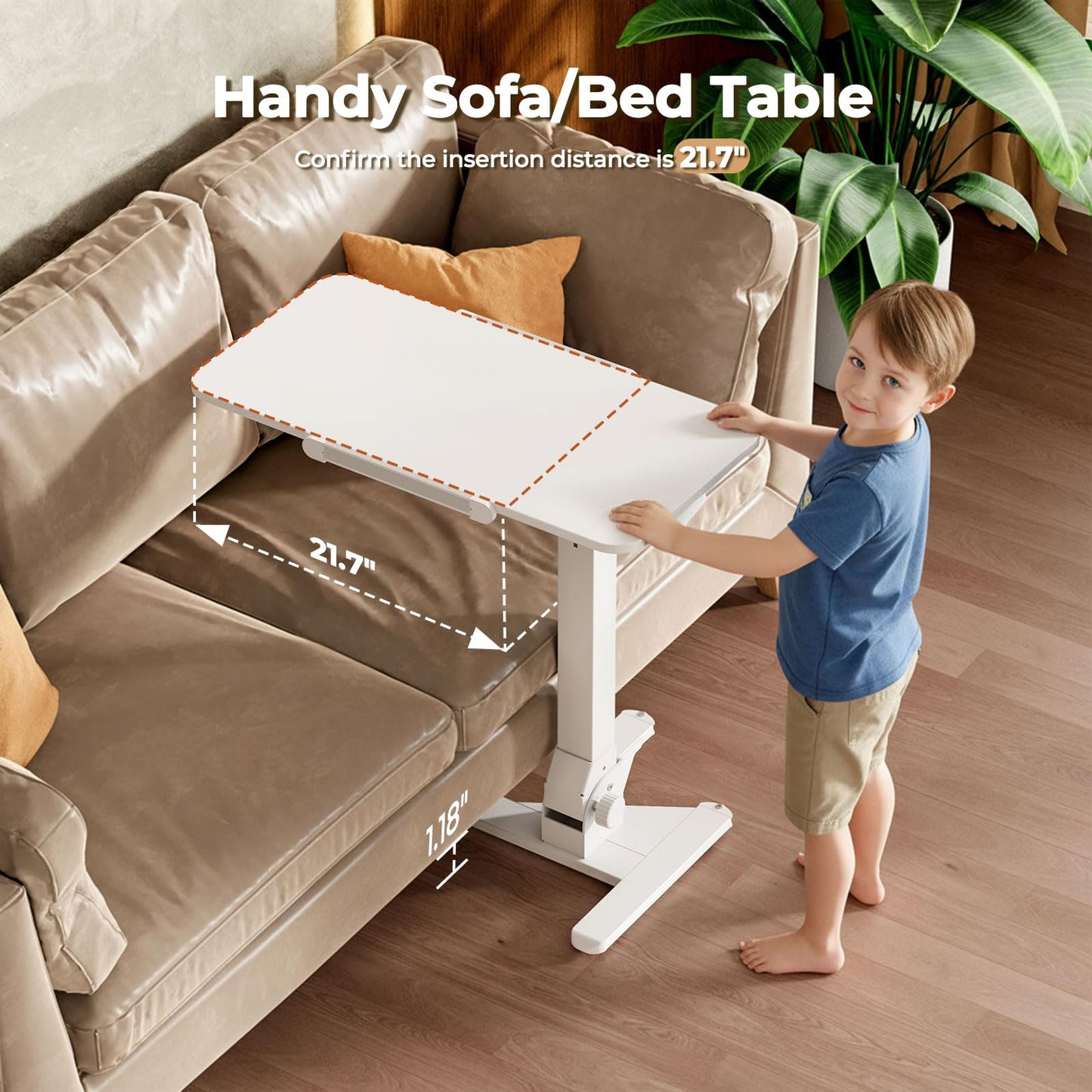 JOY worker Foldable Overbed Bedside Table, 180° Tiltable Mobile Standing Desk with Wheels, 31.5" Pneumatic Height Adjustable Rolling Laptop Desk for Home & Hospital Use, Easy Storage, White