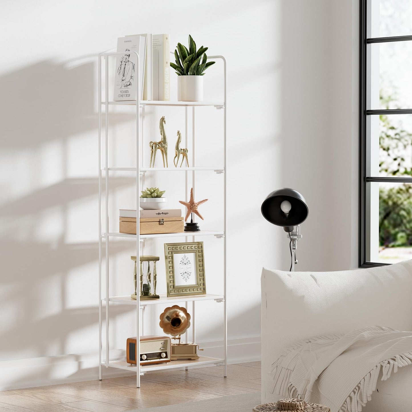 Crofy 5-Tier Foldable Bookshelf, White Frame & White Oak Shelves