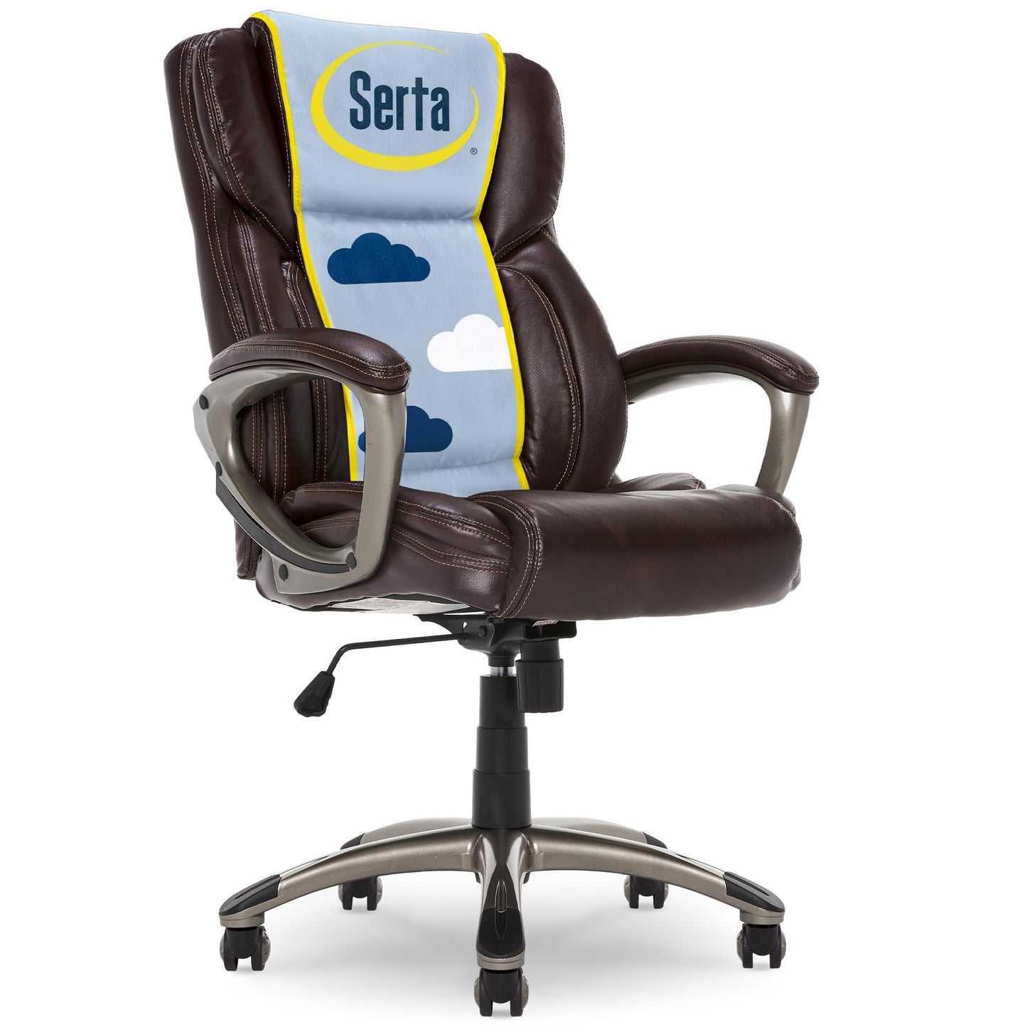 Serta Garret Executive Office Chair, Ergonomic Mid-Back with Lumbar Support, Semi-Plush Cushion and Body Pillows, Padded Armrests, Swivel Base, Bonded Leather, Brown