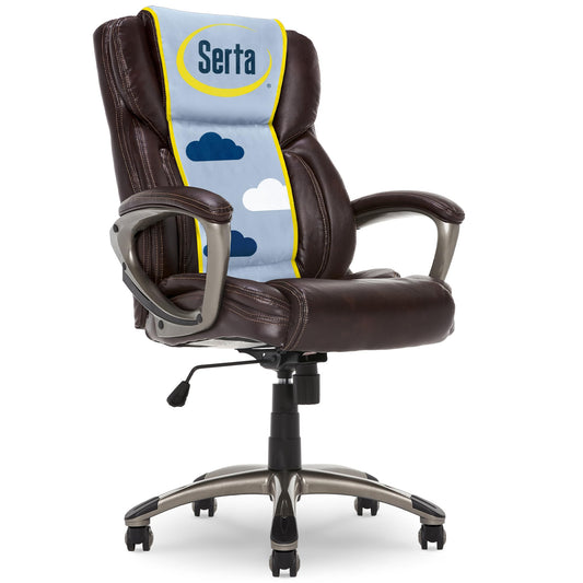 Serta Garret Executive Office Chair, Ergonomic Mid-Back with Lumbar Support, Semi-Plush Cushion and Body Pillows, Padded Armrests, Swivel Base, Bonded Leather, Brown