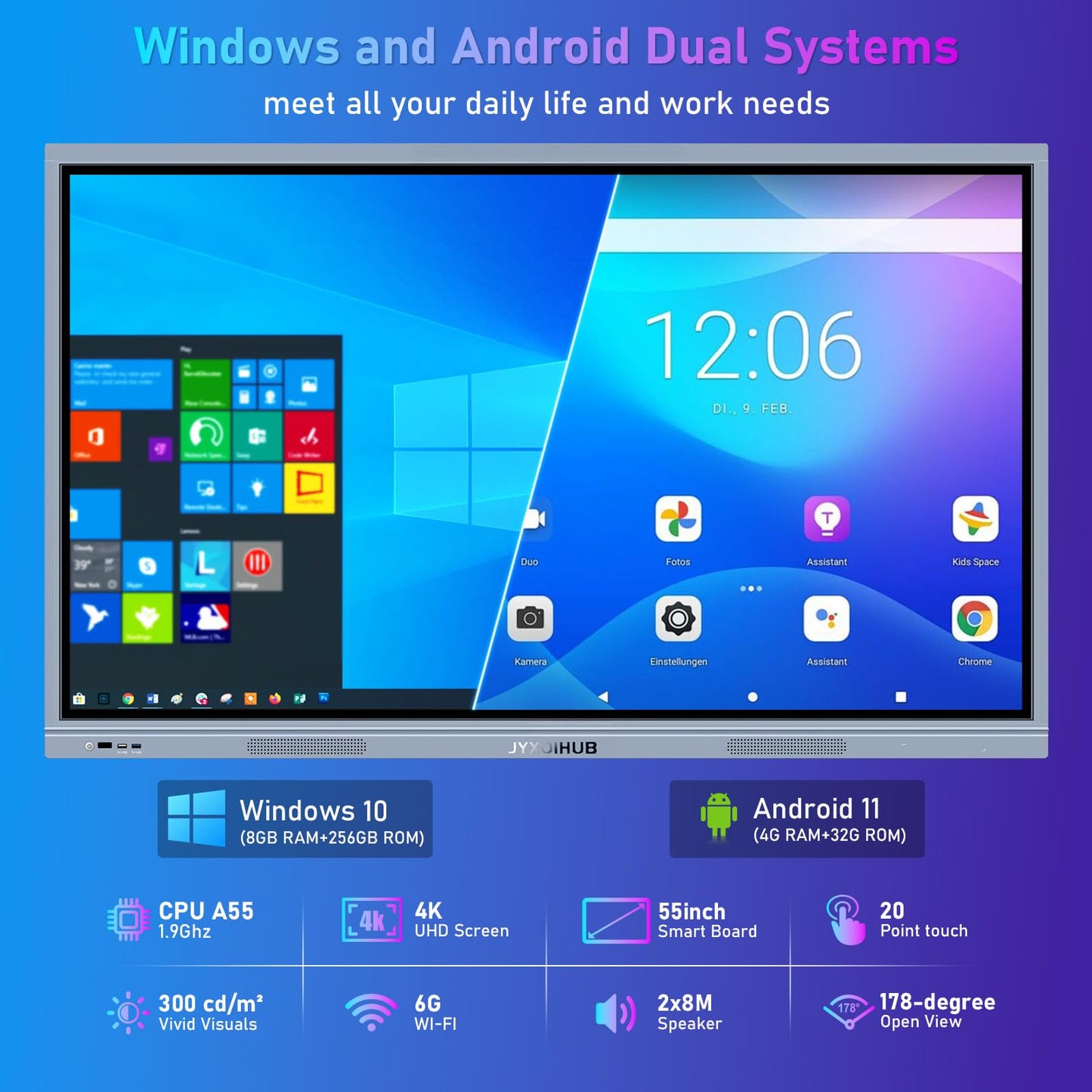 JYXOIHUB 55 Inch Smart Board, 4K Ultra HD Smart Whiteboard, Interactive Electronic Whiteboard with 20-Point Touch, Digital Smartboard for Classroom, Office, and Home, Android & Windows Dual System
