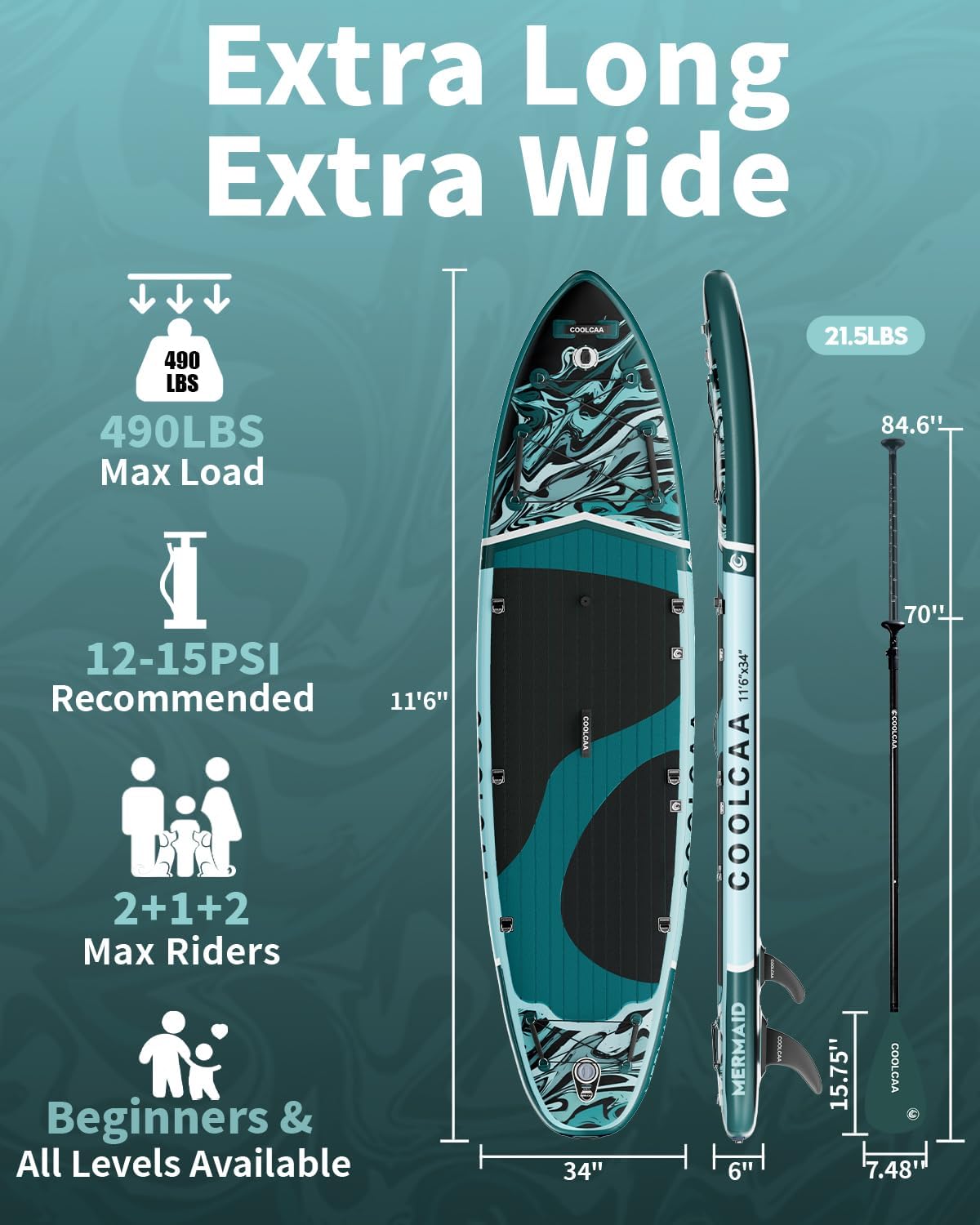 COOLCAA Mermaid 11'6" x 34" Extra Wide Inflatable Paddle Board, 490lbs Capacity Stable SUP for Family, Beginners & Dogs, Heavy Duty Fishing Paddle Board with Premium Accessories, Backpack & Pump