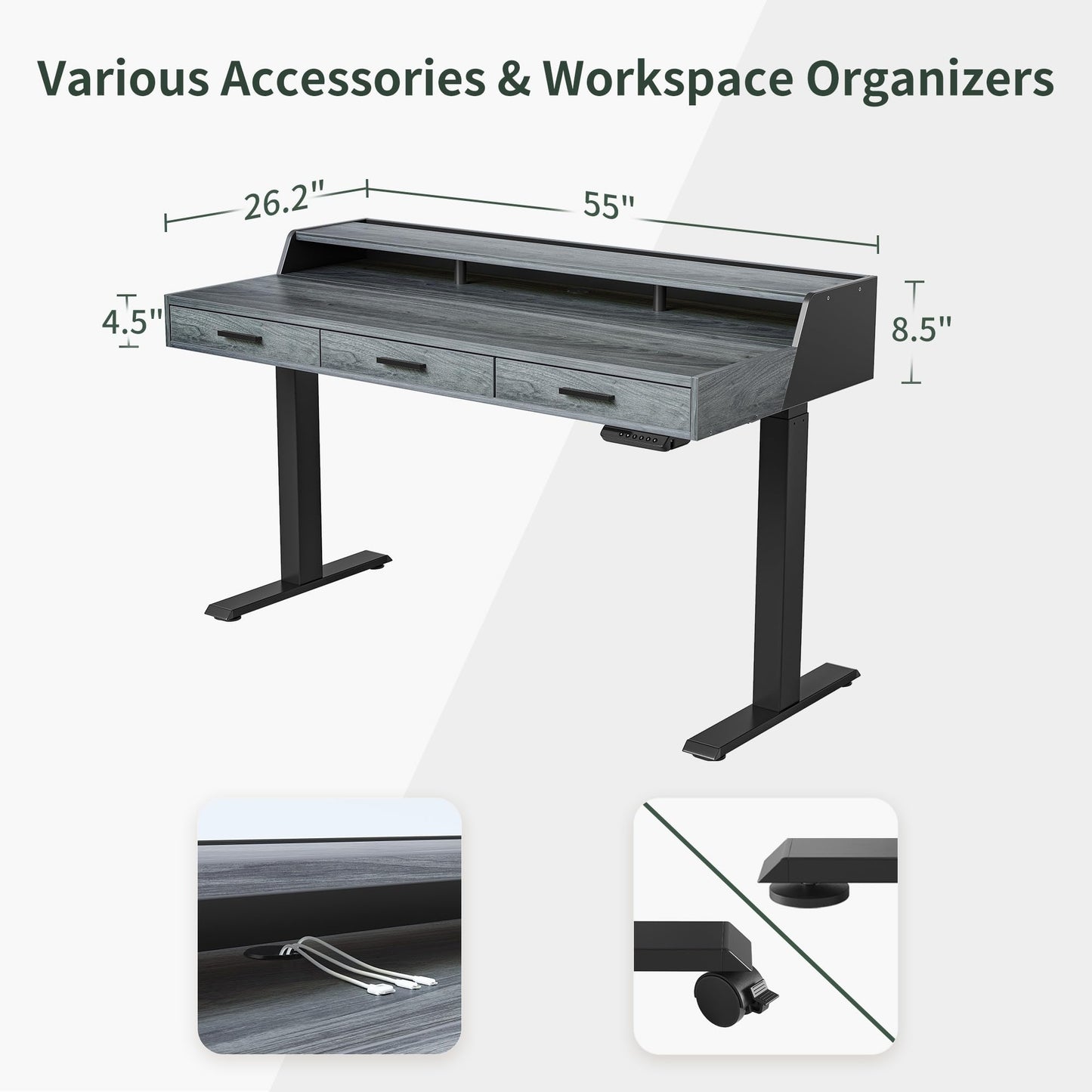 CubiCubi Standing Desk 55x26 Inches with 3 Wood Drawers and Monitor Shelf, Ergonomic Rising Home Office Desks, Height Adjustable Computer Desk, Sit Stand Up Electric Workstation Table, Antique Grey