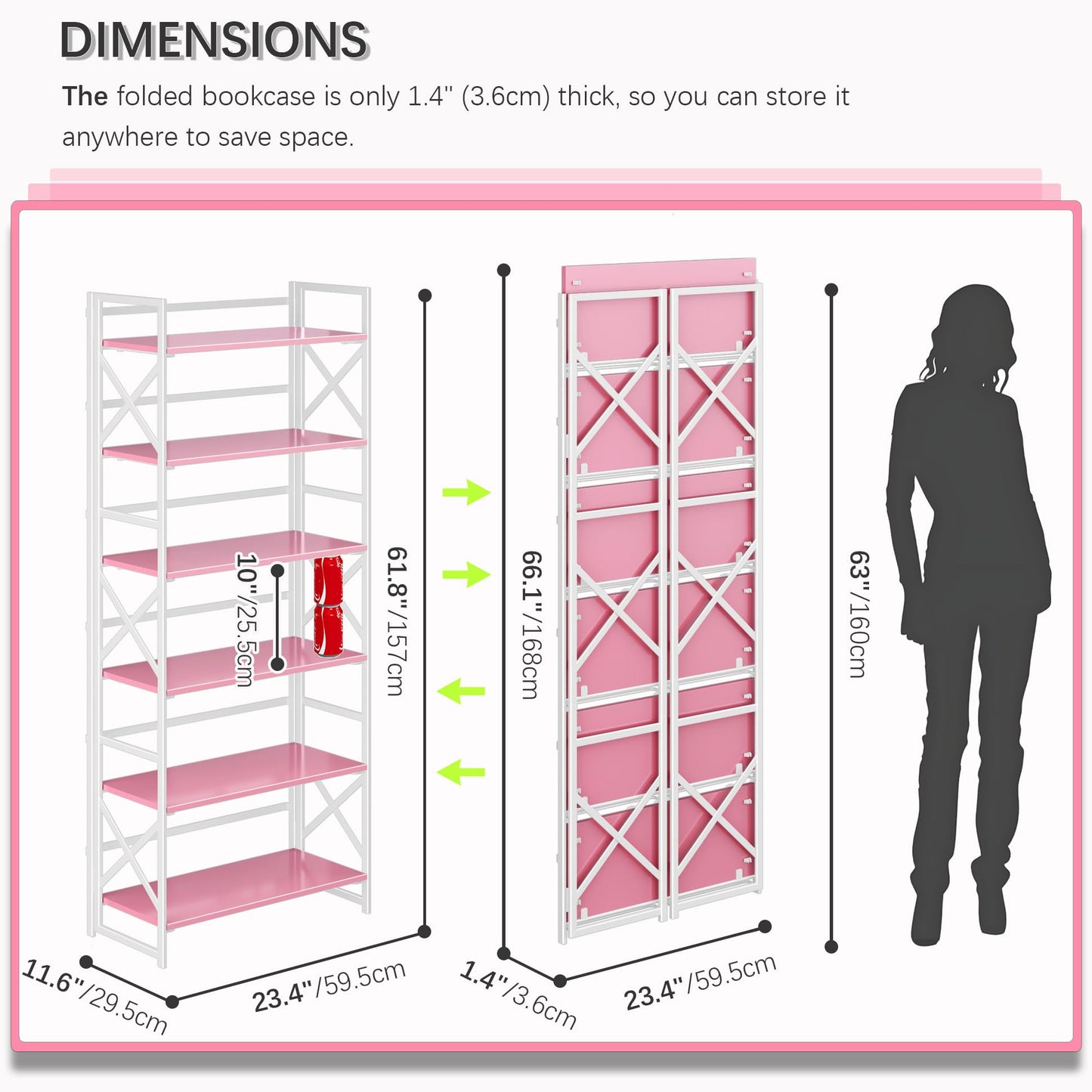 4NM 6 Tiers No Assembly Book Shelves, 61.8" H Folding Bookshelf Bookcase Open Industrial Foldable Shelves for Bedroom, Living Room, Home Office - Pink White