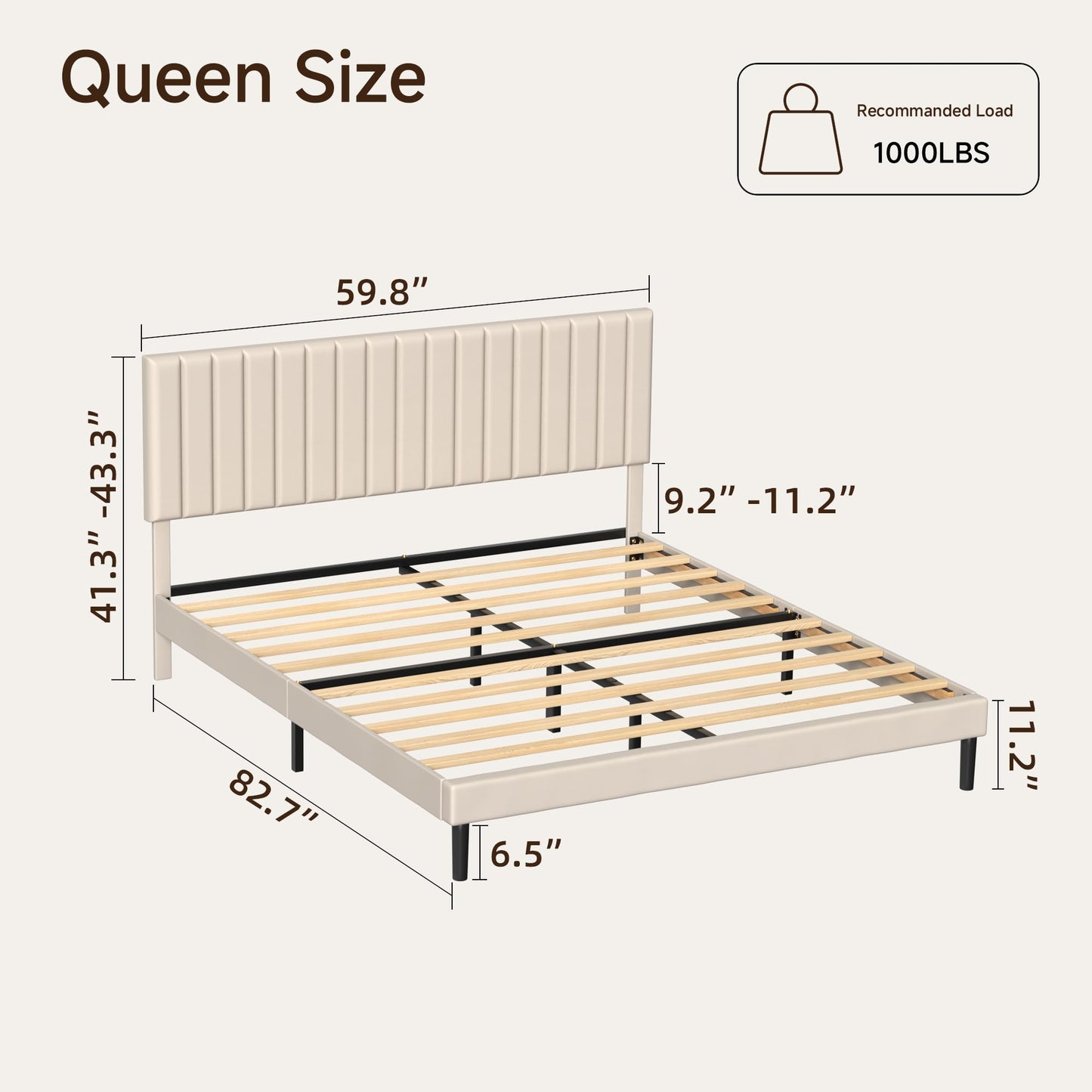 Mxhtcewz Queen Size Platform Bed Frame with Vertical Channel Tufted Headboard, No Box Spring Needed, Noise-Free, Easy Assembly, Beige Velvet