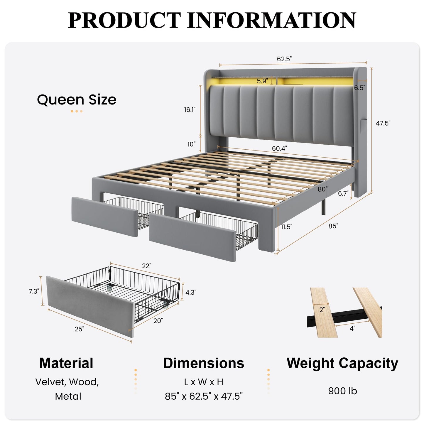 SHA CERLIN Velvet Queen Bed Frame with Vertical Channel Tufted Wingback Headboard & 2 Storage Drawers/2-Tier Shelves with LED Lights & Charging Station/Noise-Free/No Box Spring Needed/Light Grey