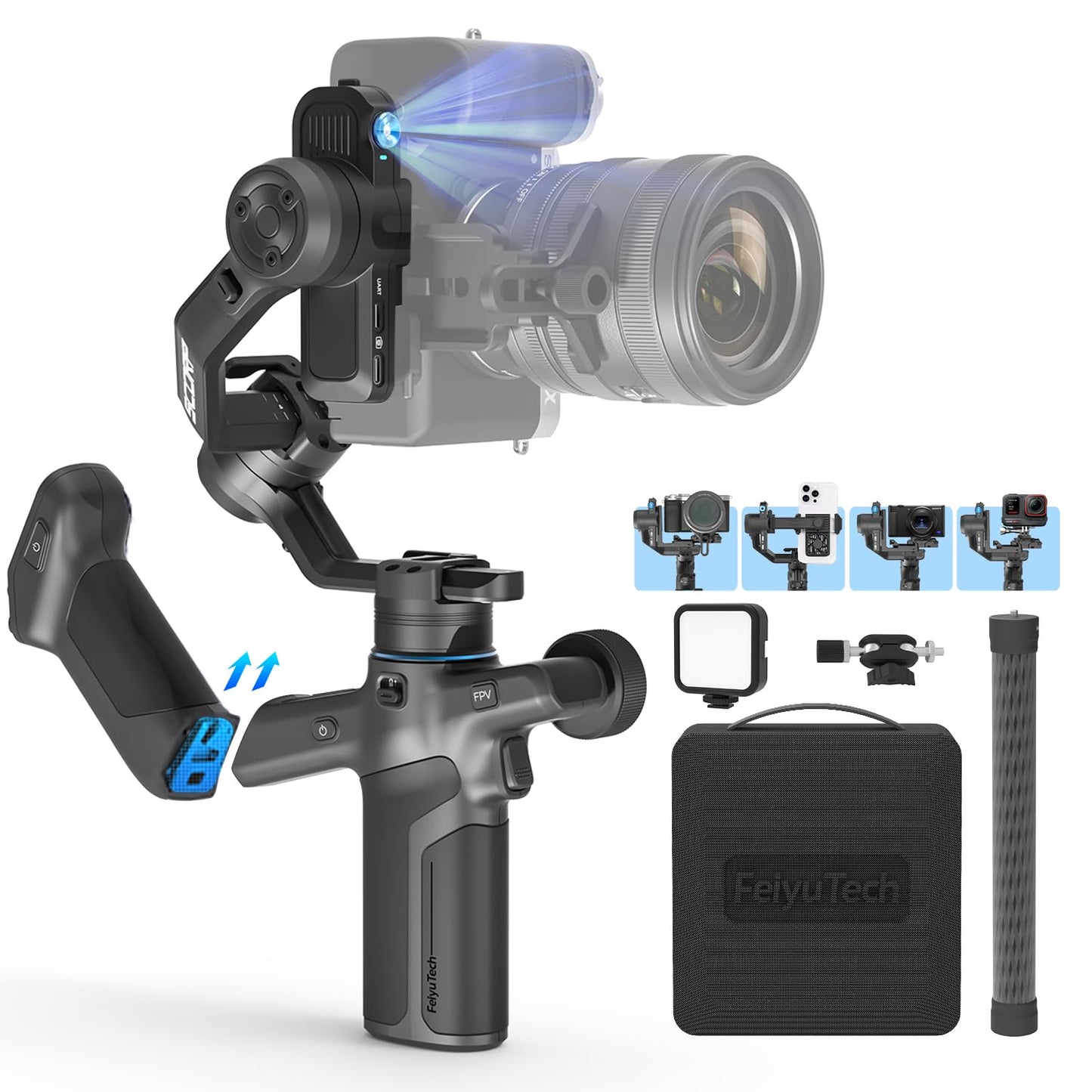 FeiyuTech SCORP Mini 3 Pro Camera Gimbal Kit w/AI Tracking 4.0, Detachable Touchscreen Handle, 4.4lb Payload, Gimbal Stabilizer for Mirrorless Cameras, Smartphone, Action Cam (Bag+Light+Pole Included)