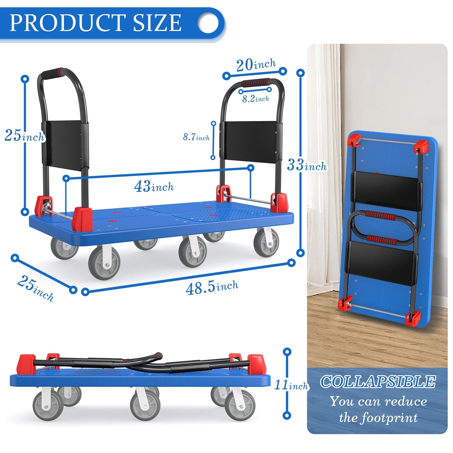 2200 lb Heavy Duty Platform Truck with Dual Handrails & 6 Rubber Wheels