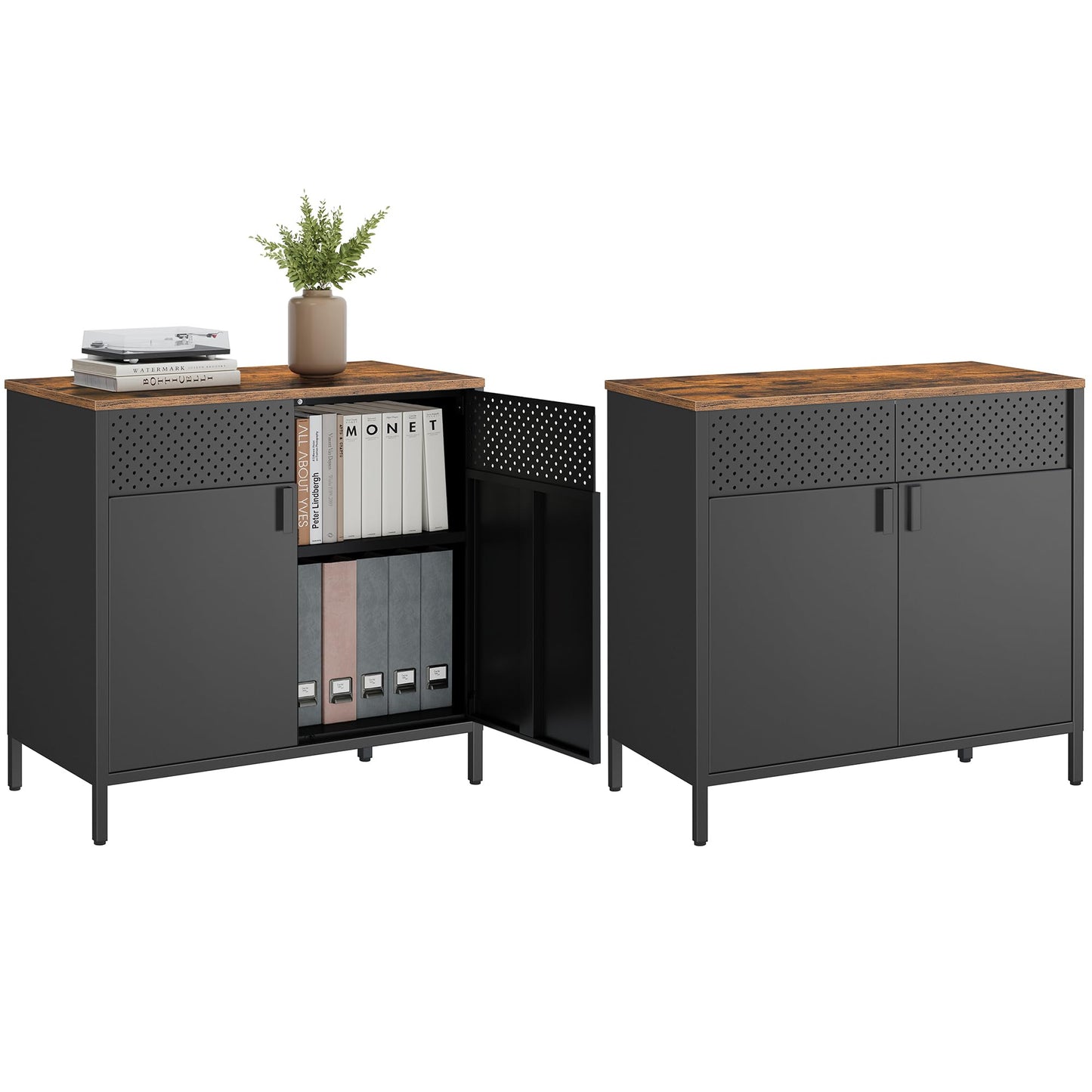 SONGMICS Set of 2 Storage Cabinets, Metal Cabinet, Sideboard with 2 Doors, 15.7 x 31.5 x 29.9 Inches, Magnetic Closure, Adjustable Shelf, Steel Frame, Rustic Brown and Black ULSC791B01