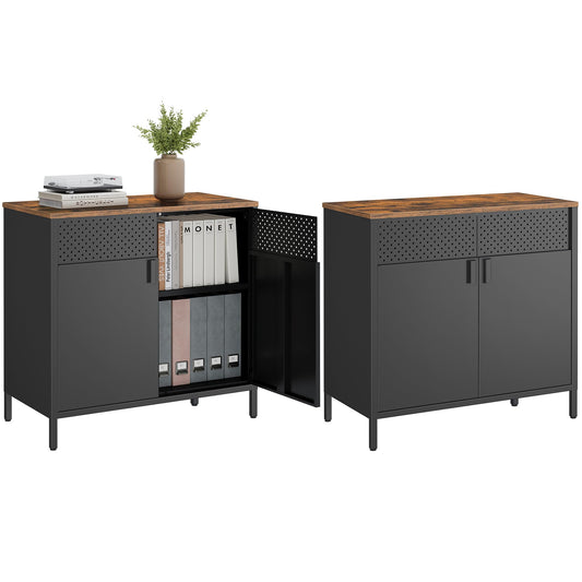 SONGMICS Set of 2 Storage Cabinets, Metal Cabinet, Sideboard with 2 Doors, 15.7 x 31.5 x 29.9 Inches, Magnetic Closure, Adjustable Shelf, Steel Frame, Rustic Brown and Black ULSC791B01