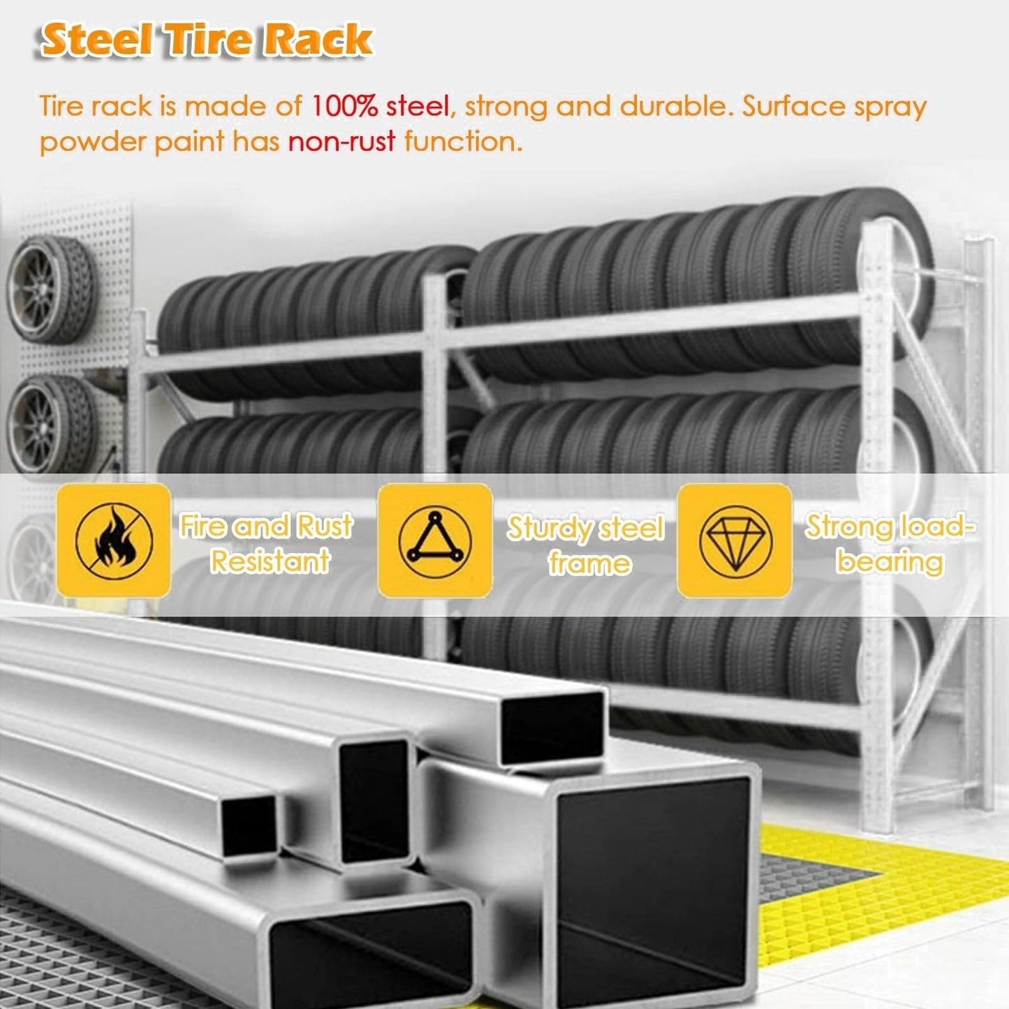 AOCDNEK Tire Rack, 3 Tiers Adjustable, 1100lb Load Capacity, for Garage, Auto Repair Shop, White(78.7x23.6x78.7in)