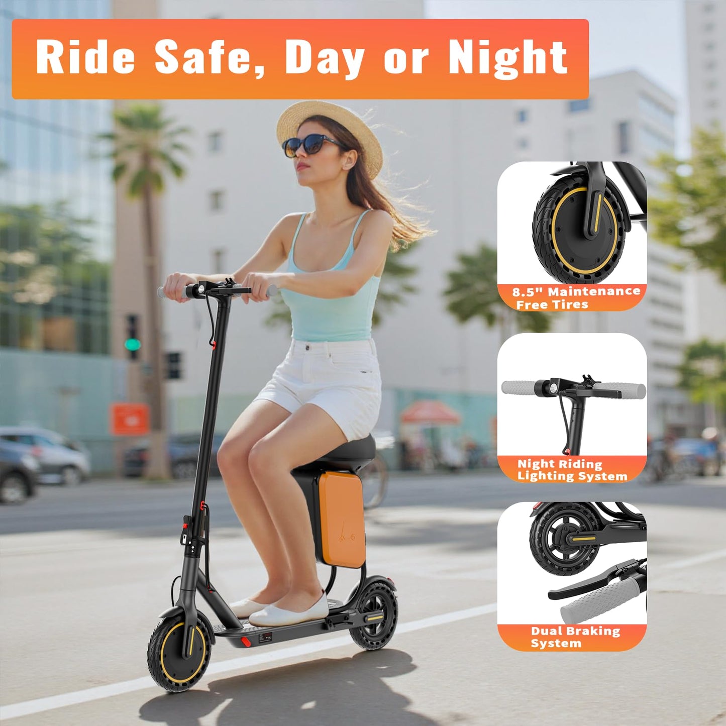 Qlaway Adult Electric Scooter with Seat - 350W Motor, 8.5" Solid Tires, Max Speed 19 MPH and 22 Miles Long-Range Portable Portable E-Scooter(Double Braking System & App)