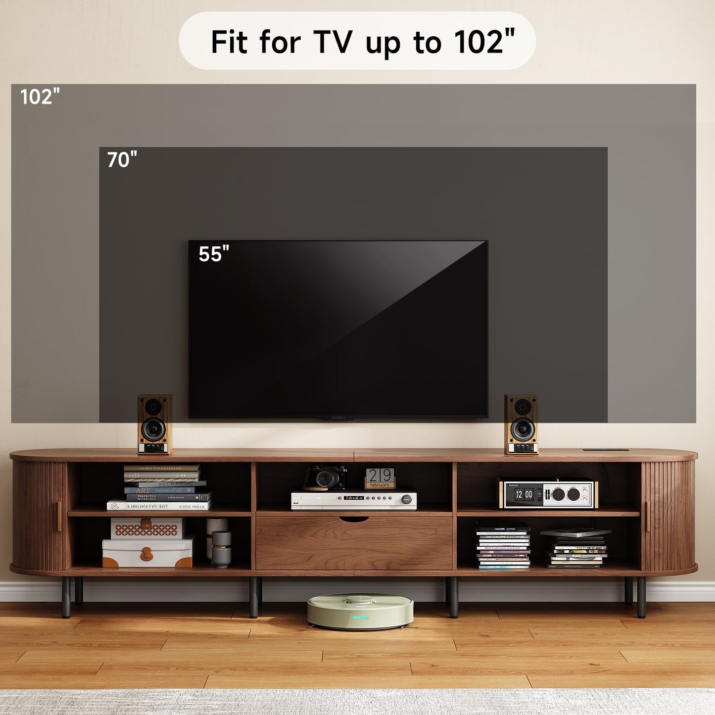 ONBRILL 94.5" TV Stand with Power Outlet for TVs up to 102", Entertainment Center with Storage and Drawer, TV Console w/Adjustable Shelves and Sliding Door, TV Stand for Living Room, Bedroom, Walnut