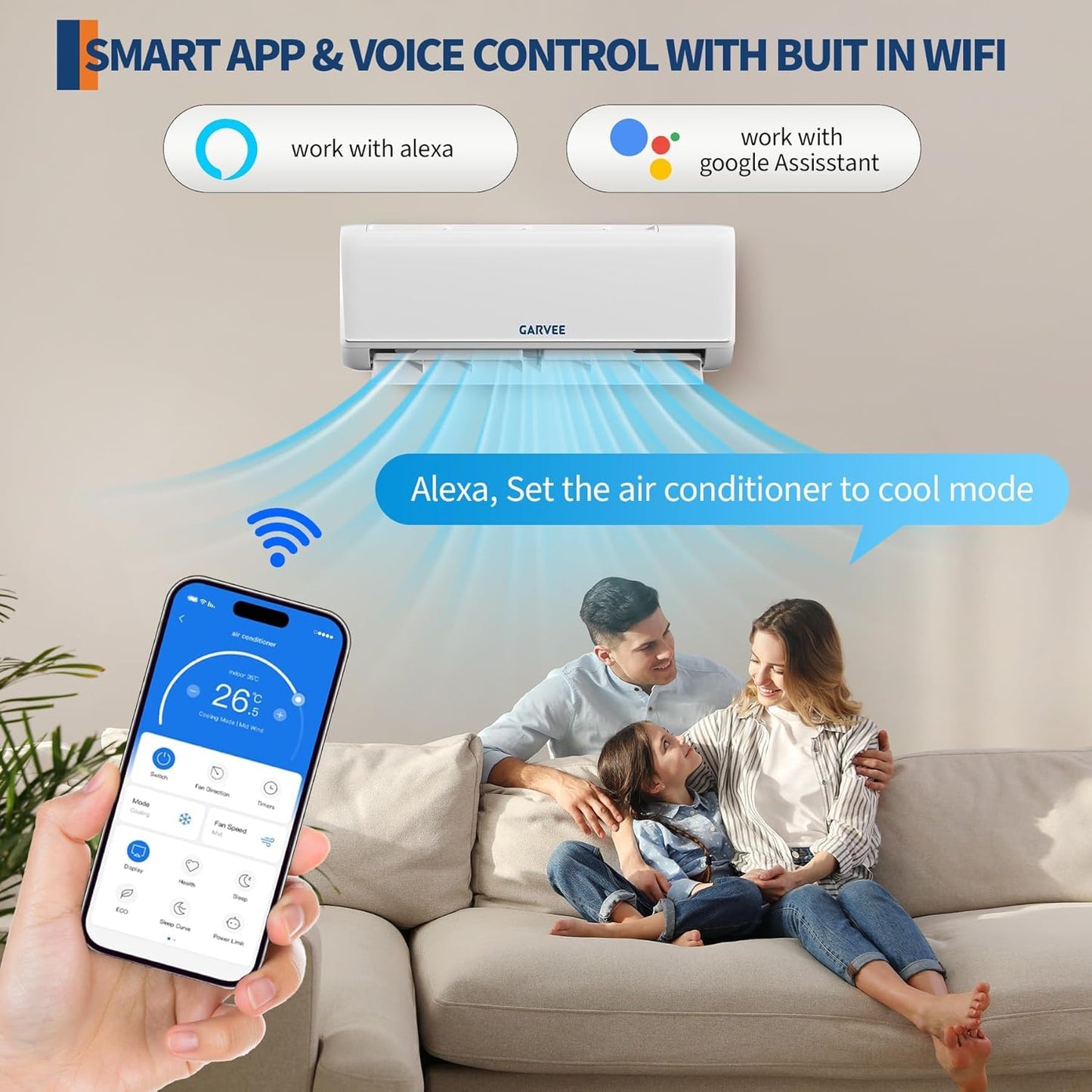Garvee Mini Split AC & Heat Pump, 18000 BTU 208/230V, 19 SEER2, Remote Control & APP Control, Bulit in 2.0 WiFi, Works with Alexa, Ultra-Quiet, Energy Efficient, Cool and Heat Room Up to 1250Sq.ft