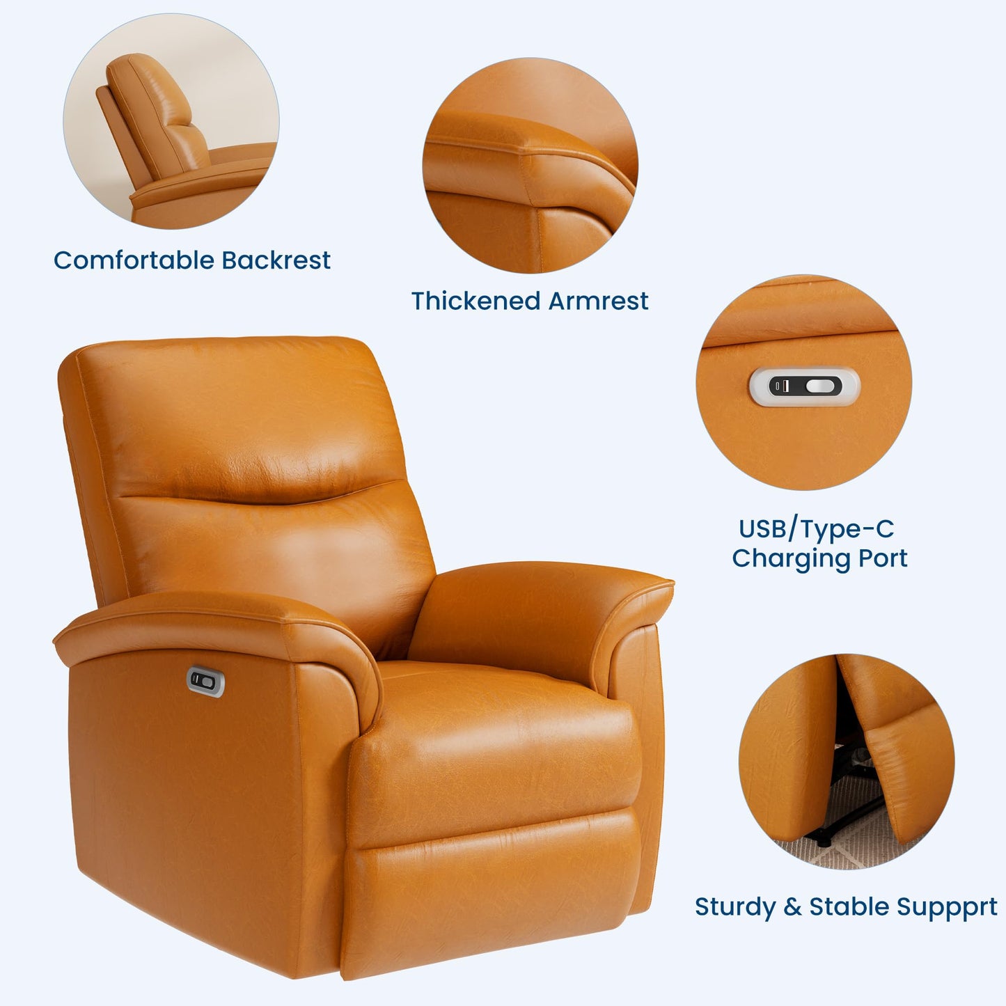 Garvee Power Recliner Chair, PU Leather Electric Reclining Armchair with Free Position, Oversized Armrest Lazy Chair Sofa for Adult, 350 Lb Capacity, Single Sofa for Living Room Bedroom, Brown