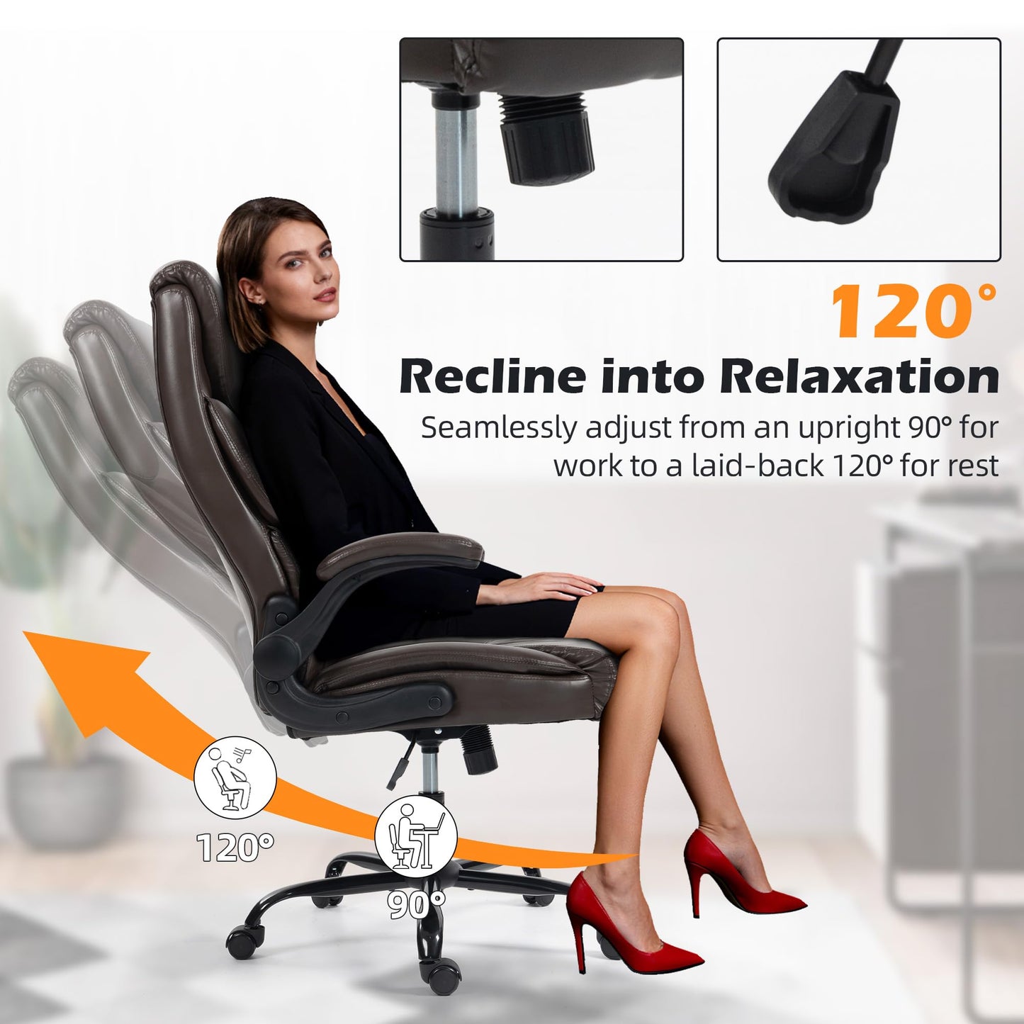 Office Chair - Ergonomic High Back Computer Desk Chair with Rocking Function & Lumbar Support - Executive Comfortable Wide Swivel Rolling Office Leather Chair with Flip-up Armrests for Home Gaming