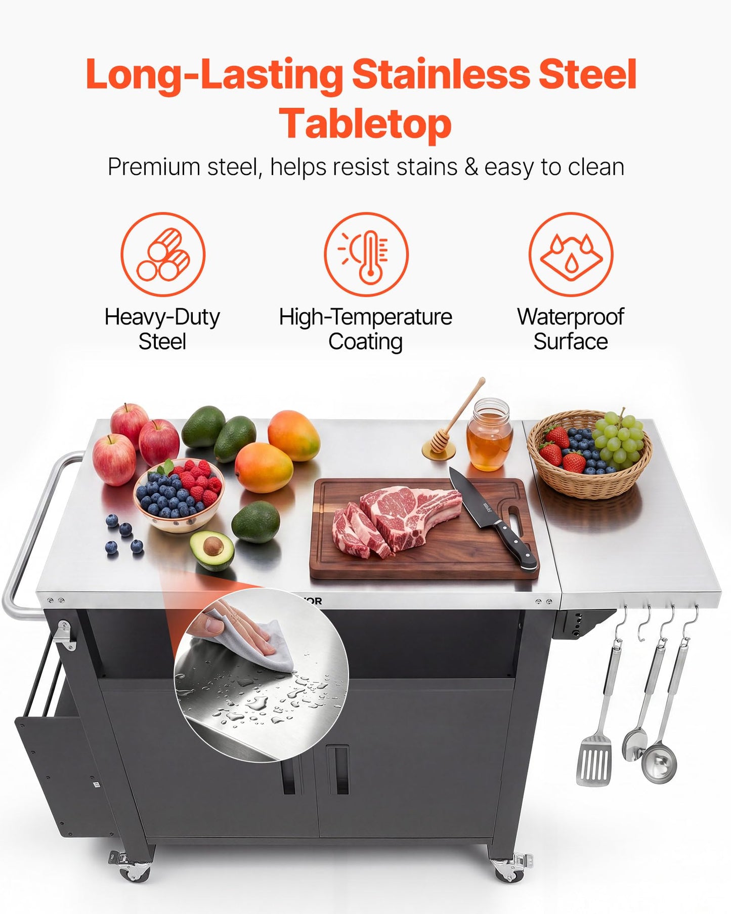 VEVOR Outdoor Grill Cart with Storage Cabinet, 55.1 Inch Grill Table, Waterproof Kitchen Island with Stainless Steel Top, Shelf, and Wheels, Movable Food Prep Station for Patio Bar Backyard BBQ