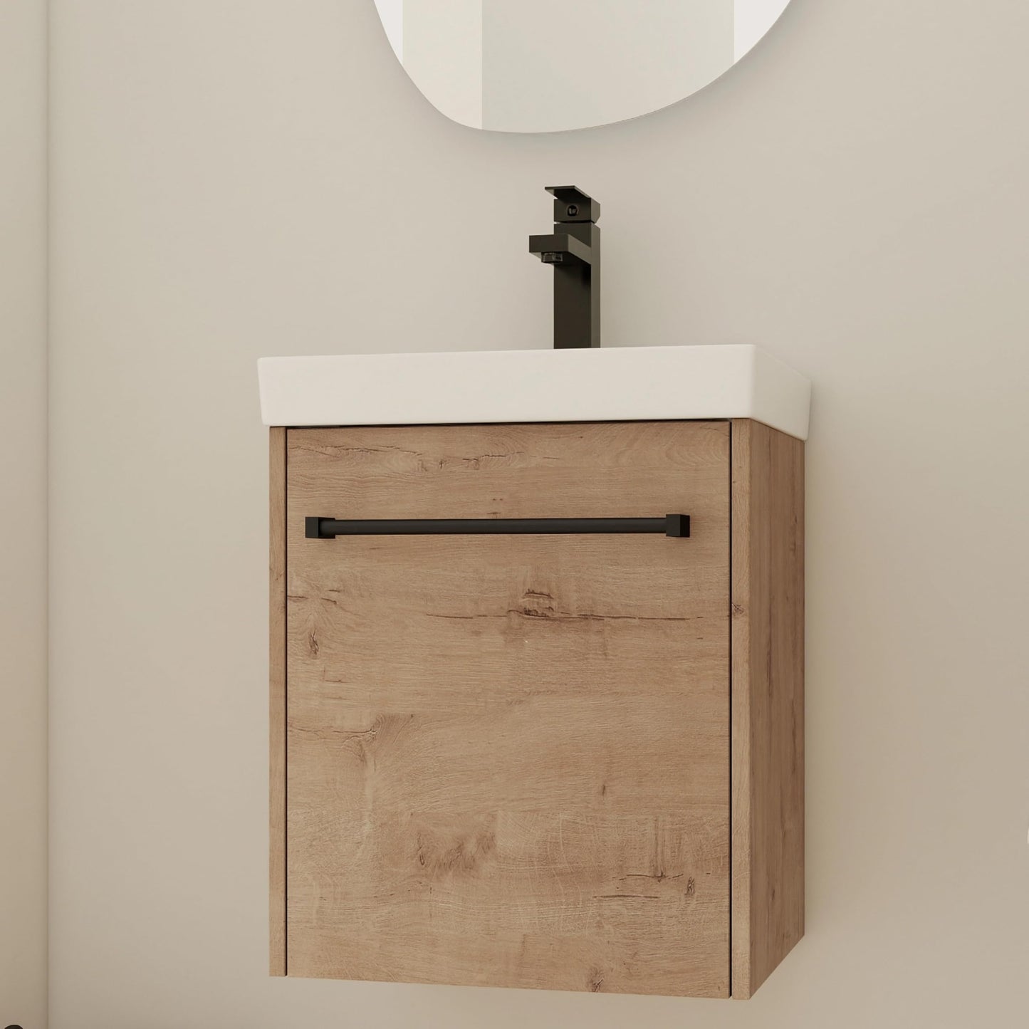 Noble House Home Furnishings Glemab 17.31" Floating Wall-Mounted Bathroom Vanity, Bathroom Vanity with Ceramic Sink, Soft-Close Cabinet Door, Wall-Mounted Storage Cabinet with Ceramic Sink, Oak