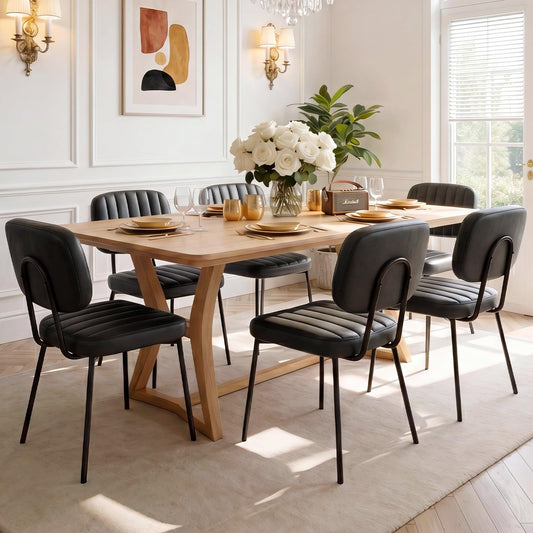 OLIXIS Dining Chairs Set of 6, Modern Upholstered Mid Century Kitchen Chairs with Faux Leather Cushion Seat, Backrest & Metal Legs for Living Room, Bedroom, Home Office, Black